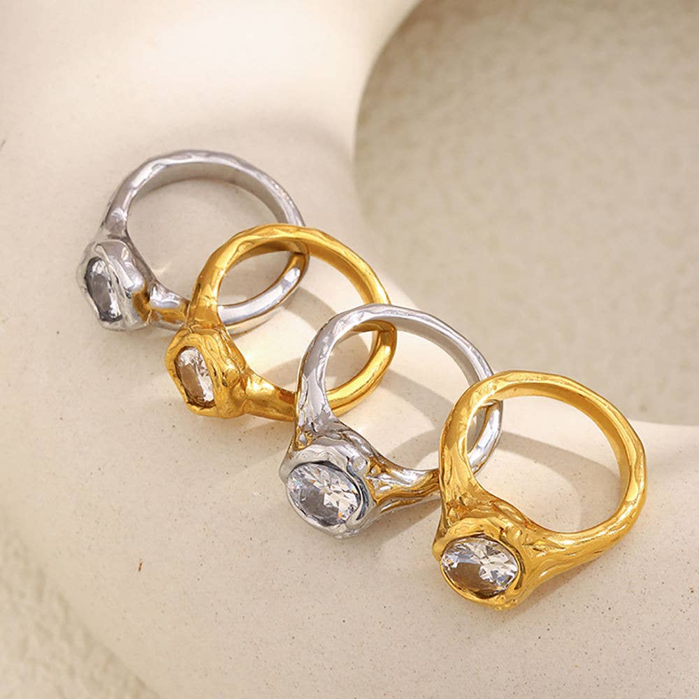 Irregular Oval CZ Ring - Gold or Silver