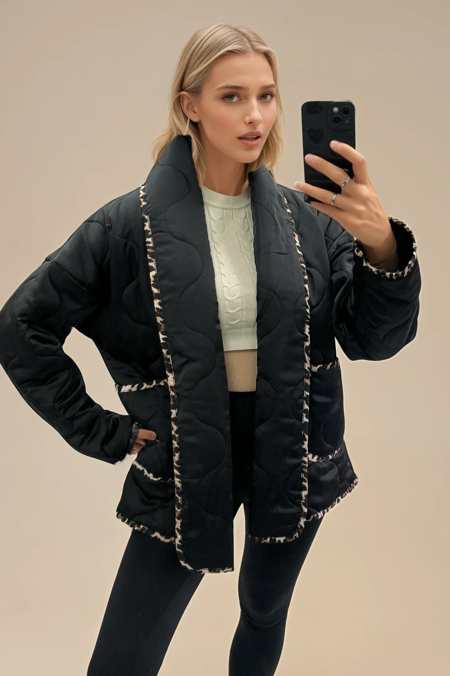 Leopard Trim Quilted Coat