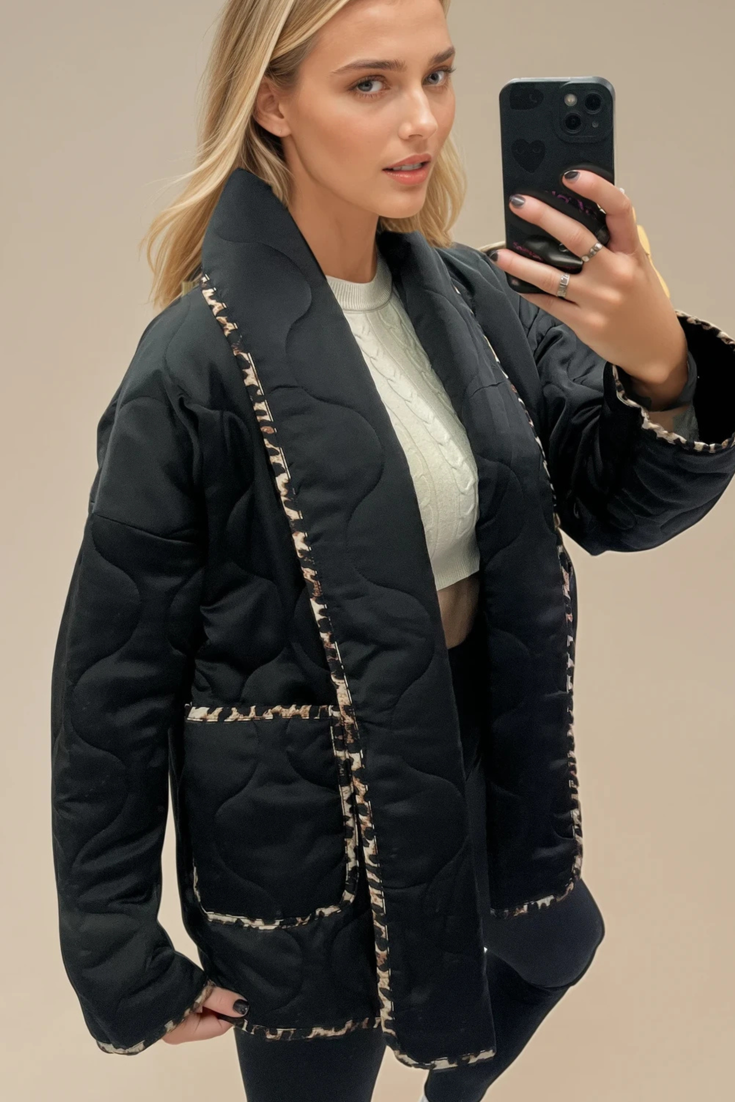 Leopard Trim Quilted Coat