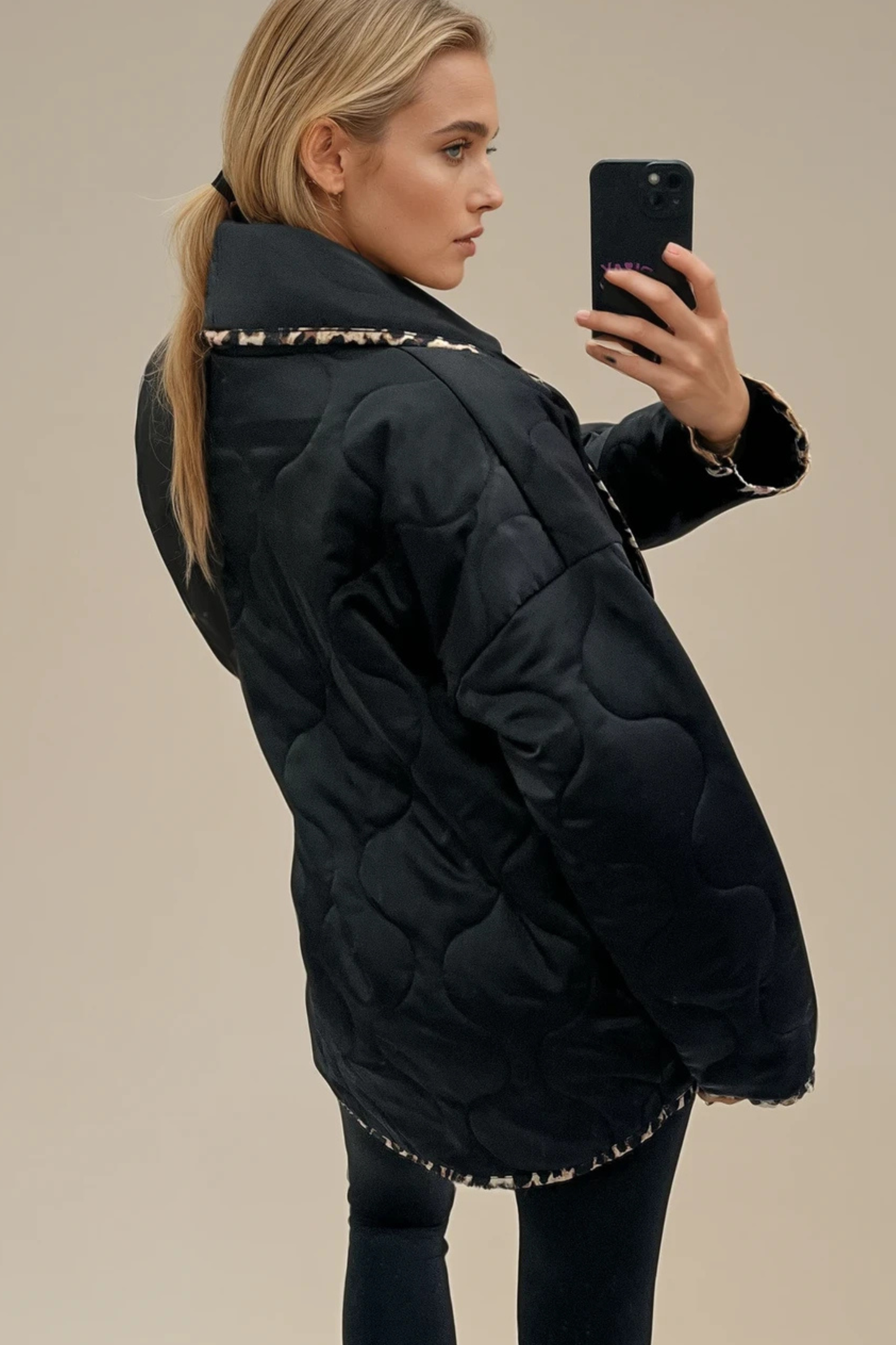 Leopard Trim Quilted Coat