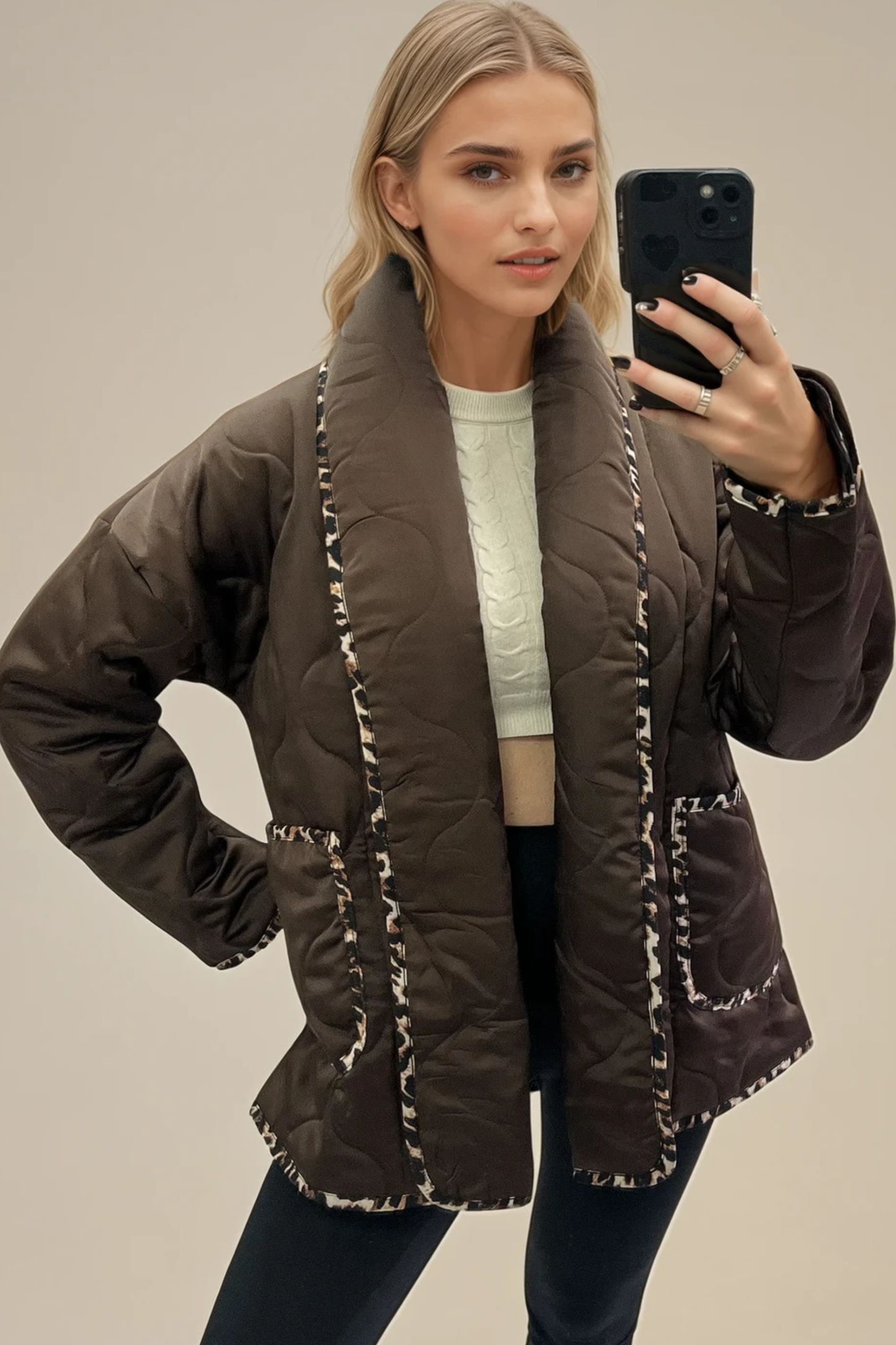 Leopard Trim Quilted Coat