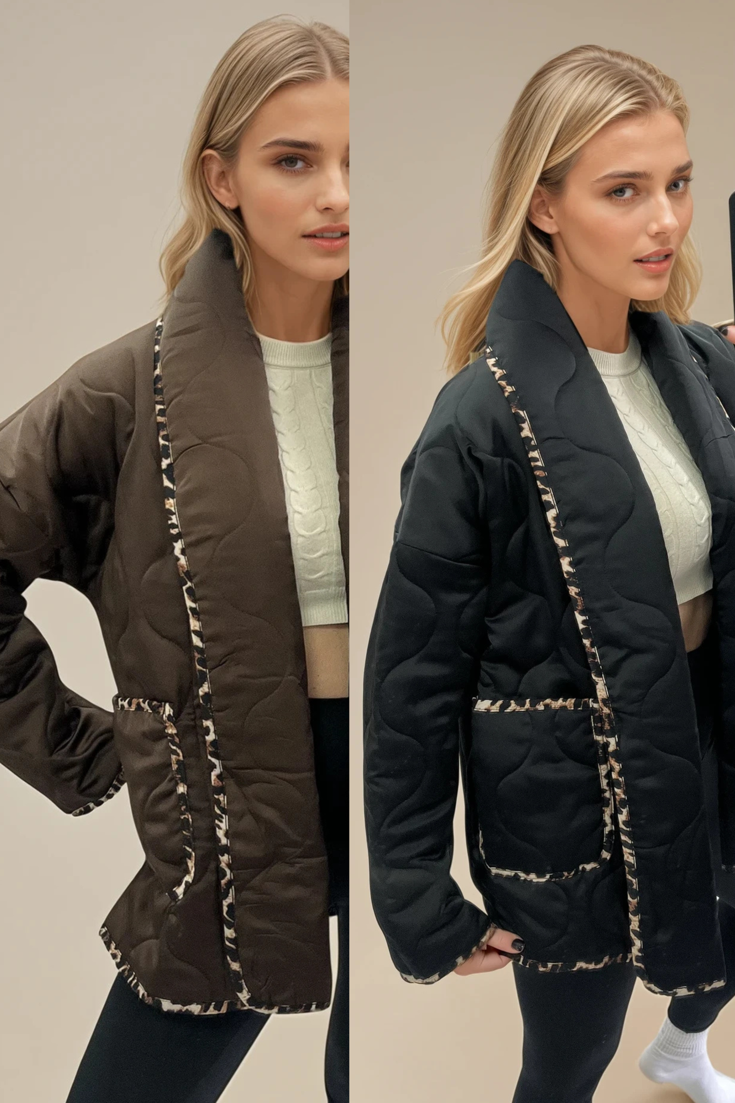 Leopard Trim Quilted Coat