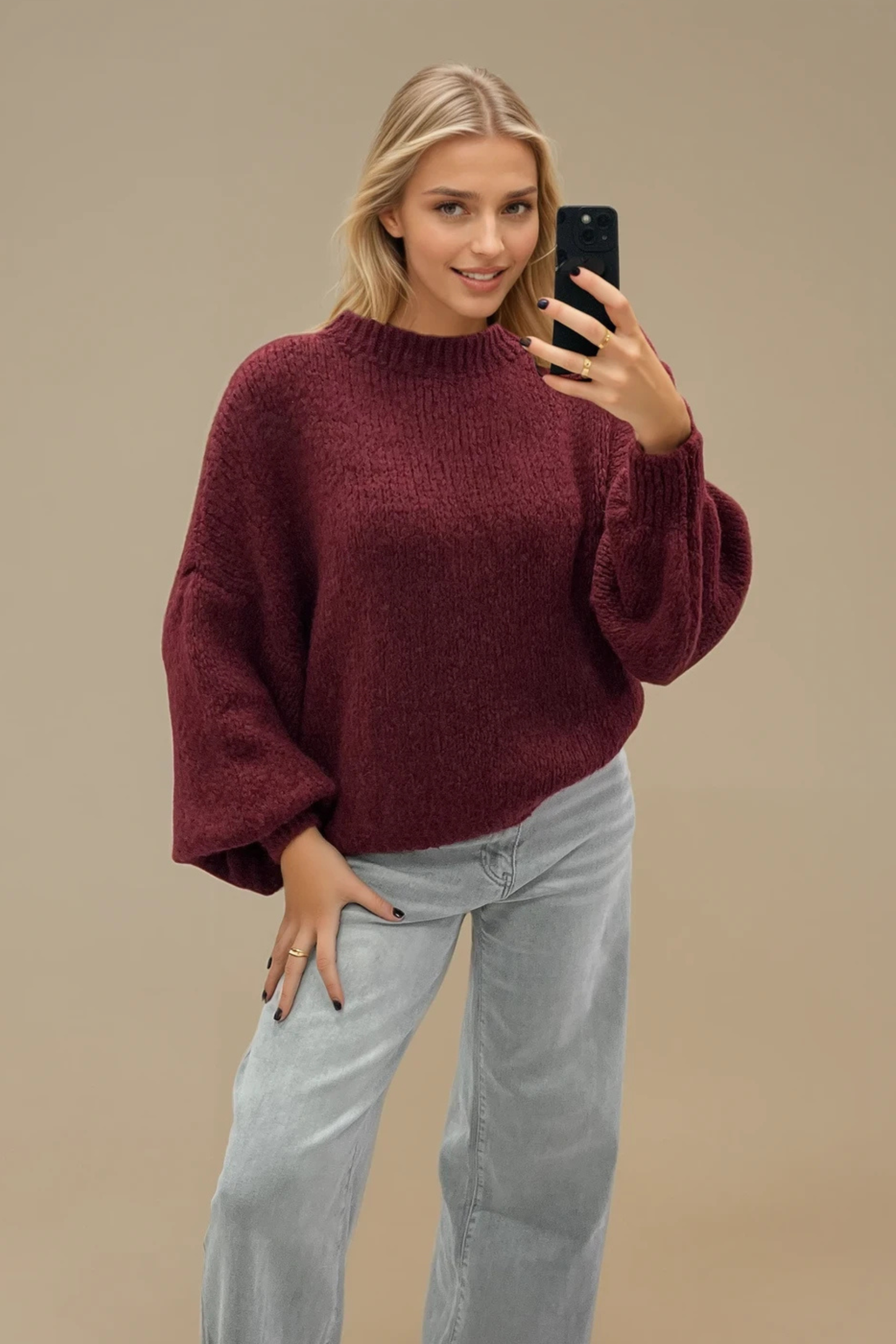 Cosy Round Neck Balloon Sleeve Jumper (Variants)