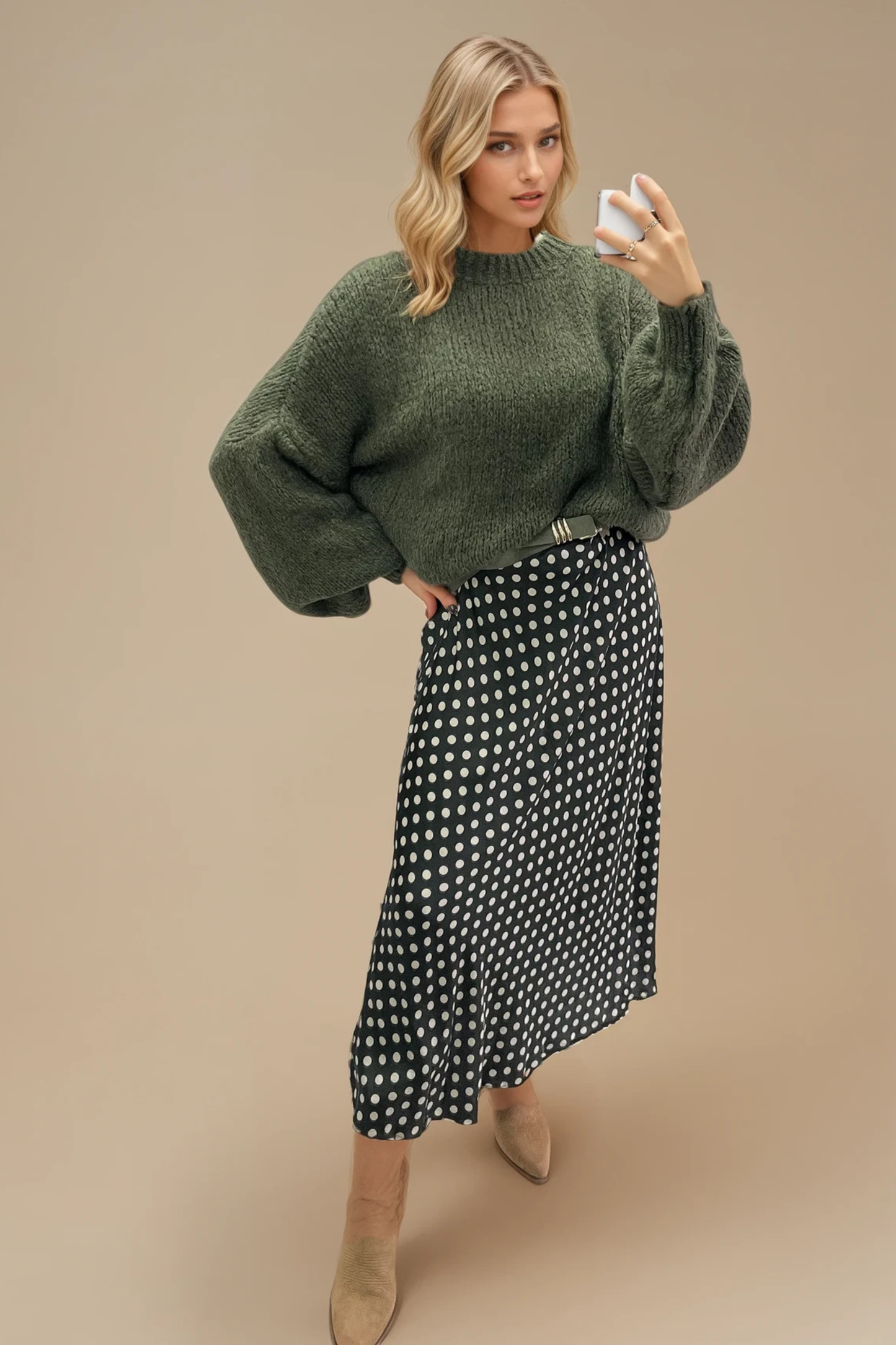 Khaki Polka Dot Satin Skirt