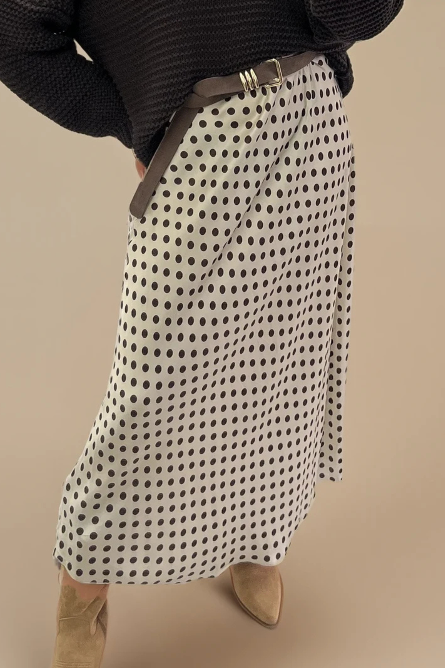 Cream Satin Skirt with Brown Polka Dots