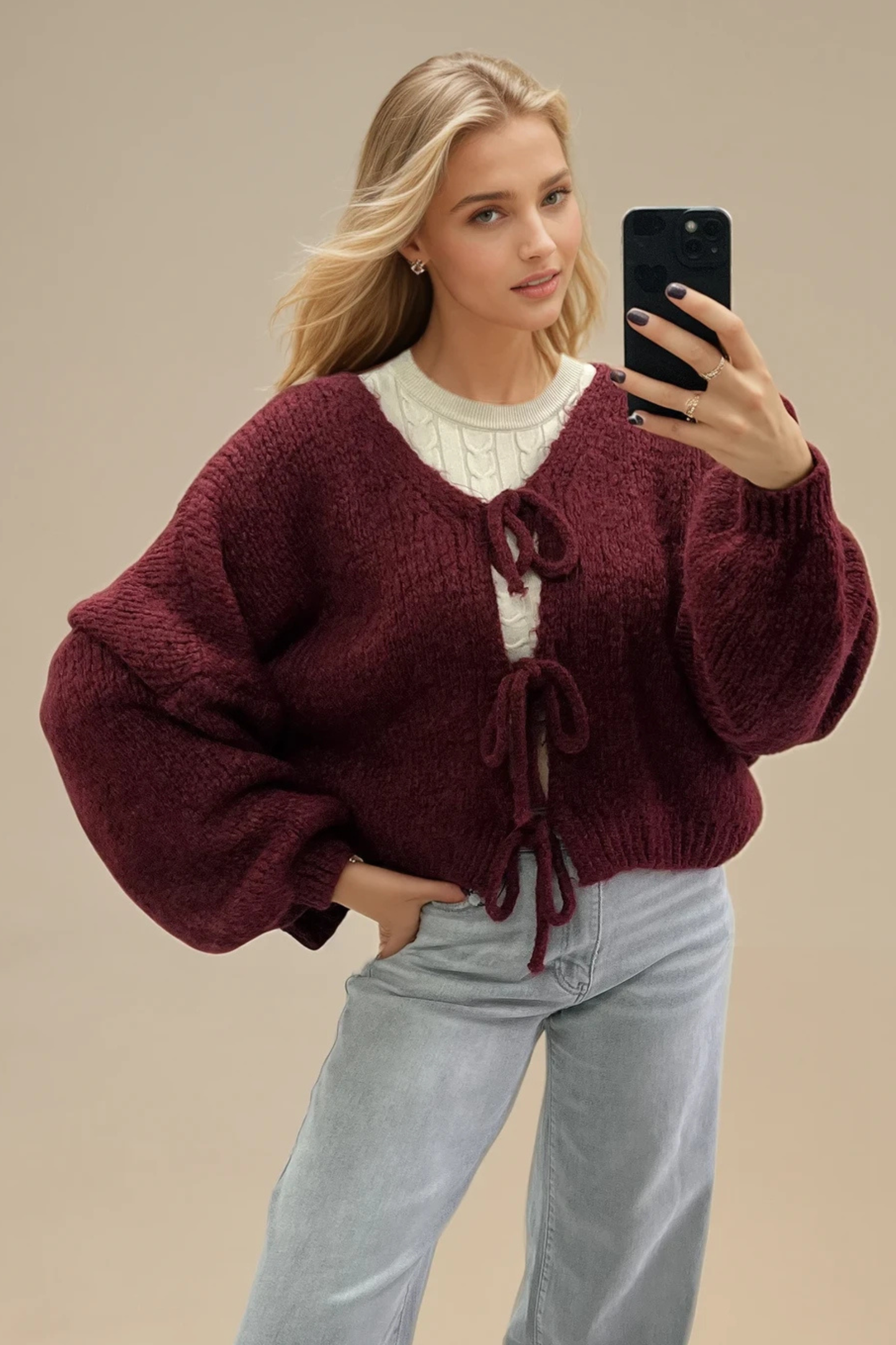 Soft Knit Oversized Tie Front Cardigan – Available in Burgundy, Cream & Mocha