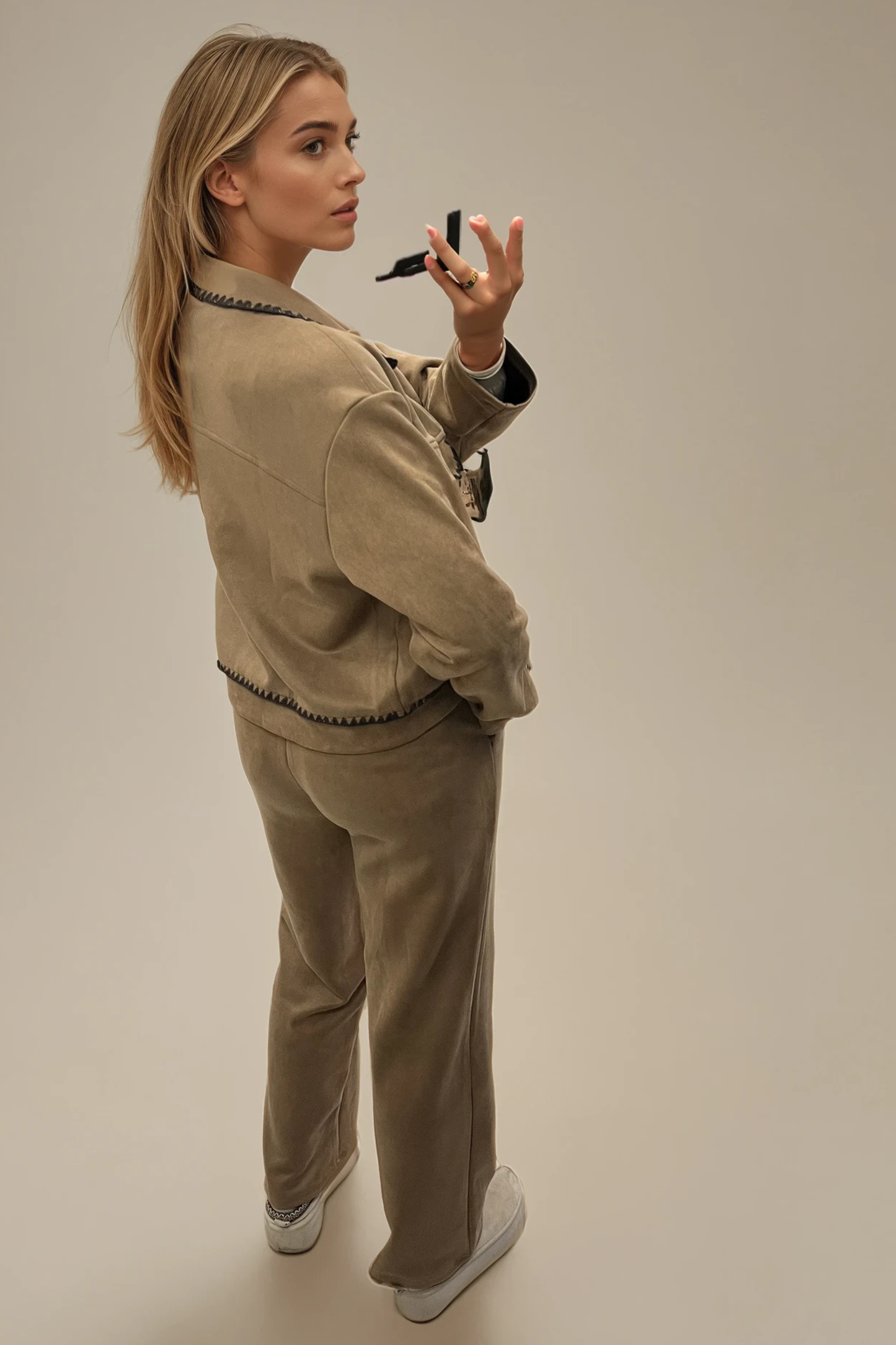 Faux Suede Tailored Pants – Contrast Stitch & Gold Hardware