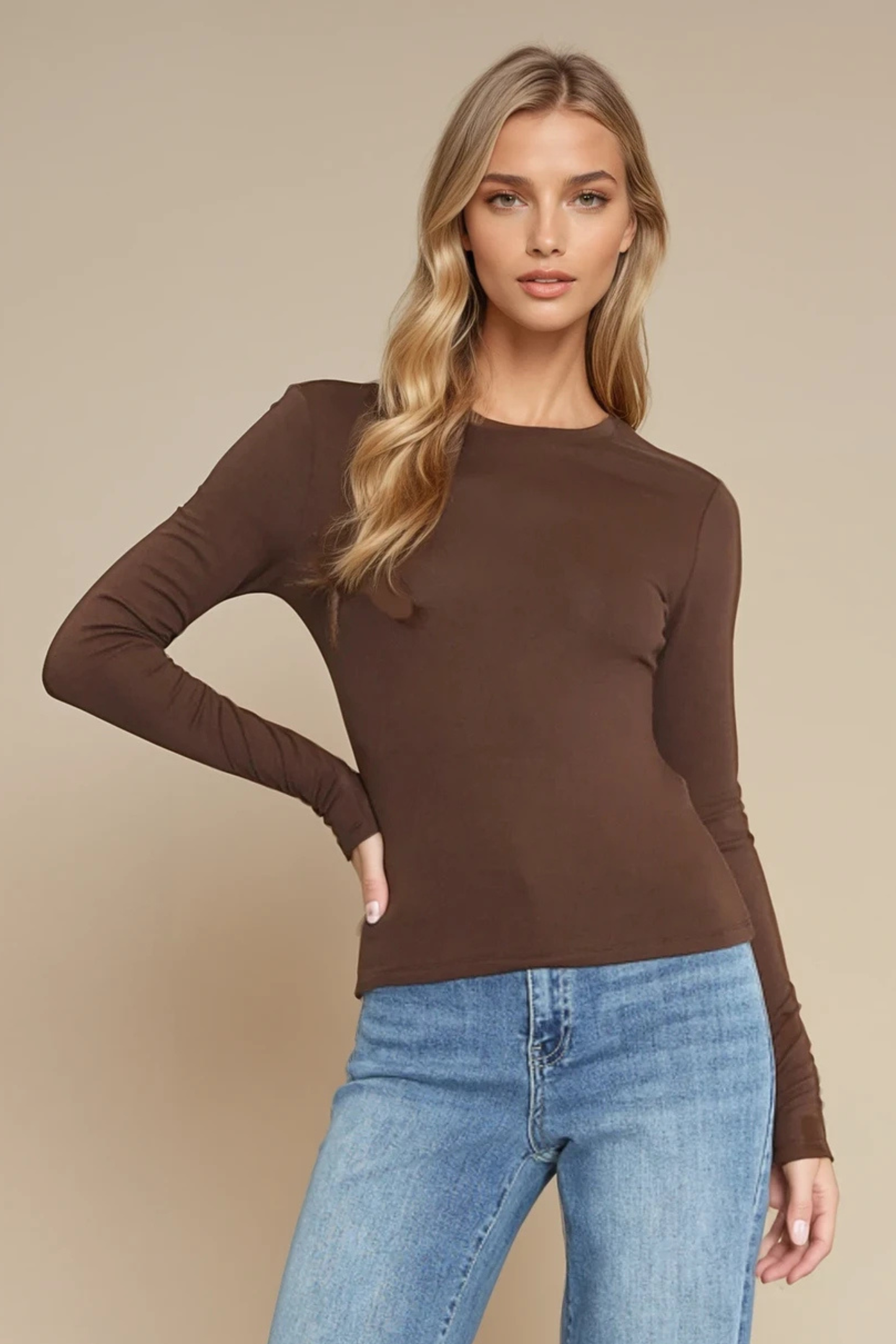 Essential Long Sleeve Round Neck Top — Black & Brown