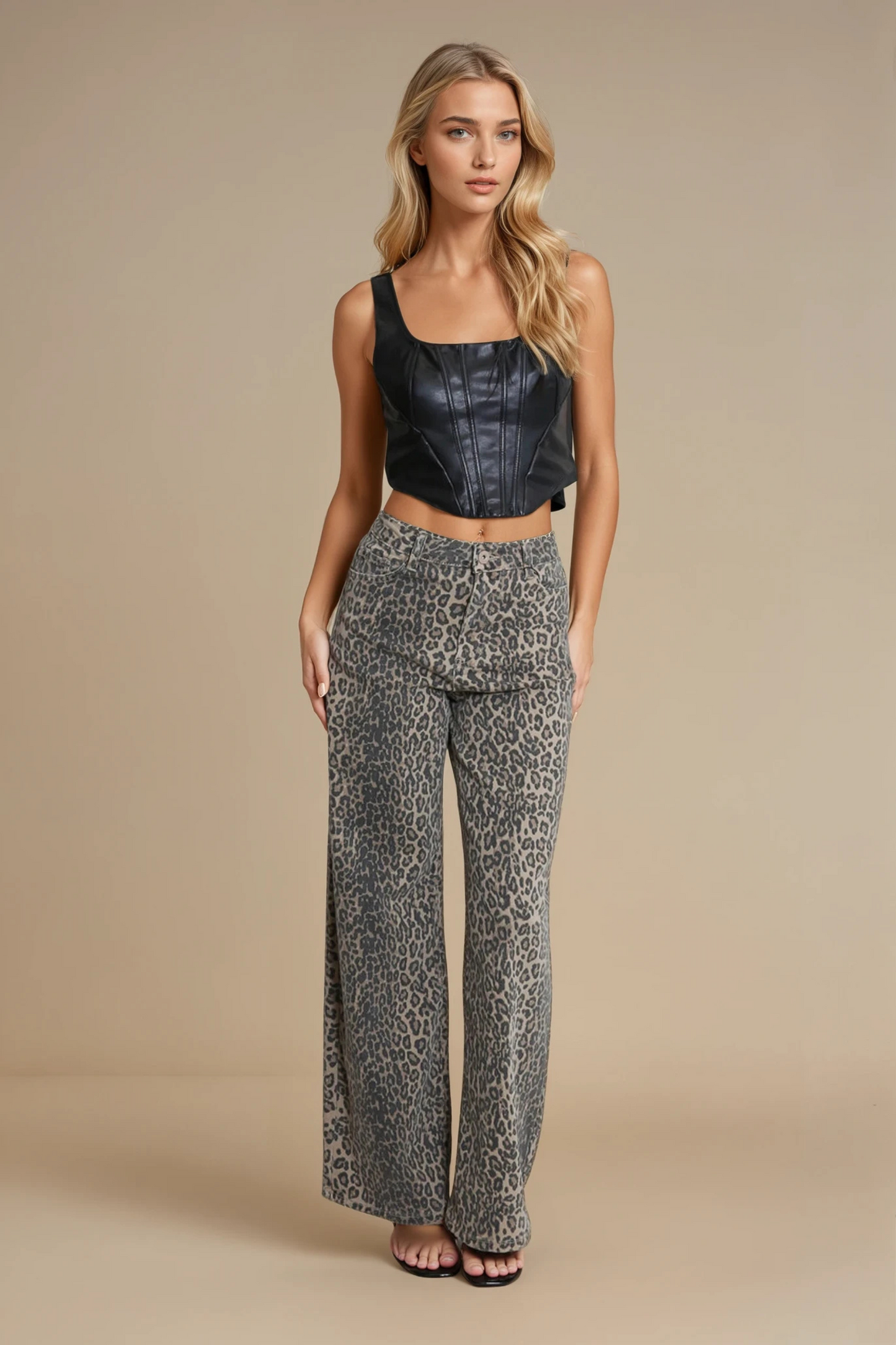 Leopard print stretchy dad fit jeans