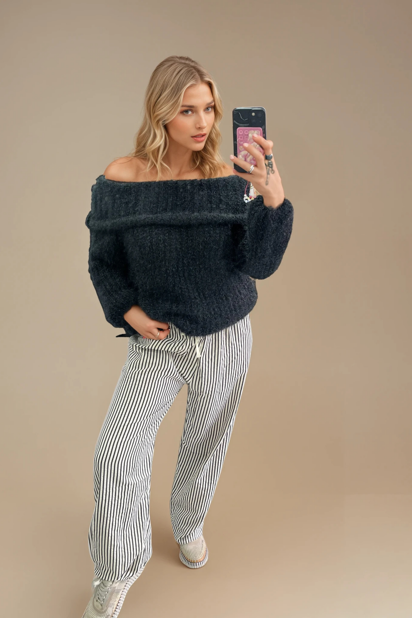 Black Chunky Knit Bardot Top