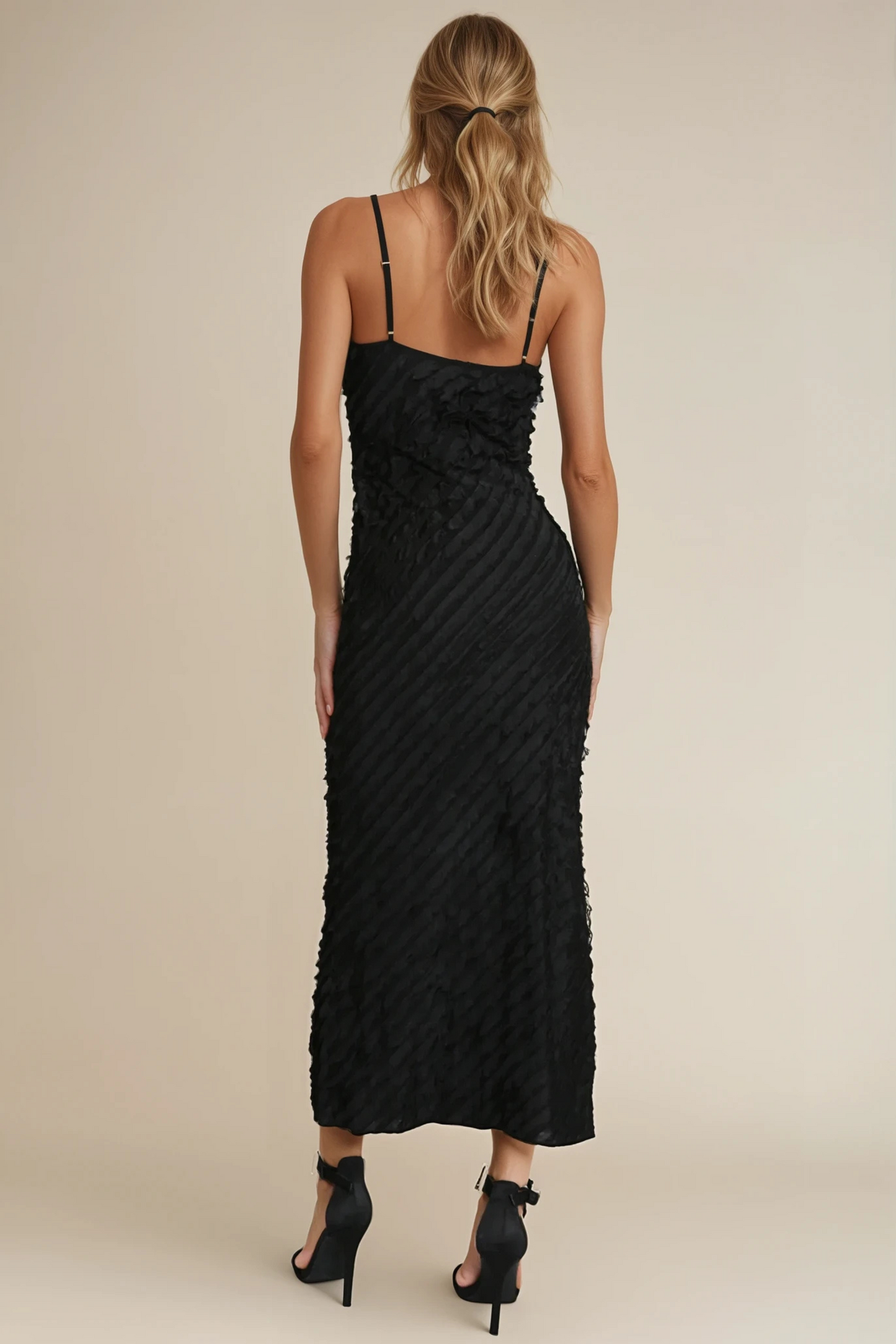 Black V-Neck Frill Midi Dress
