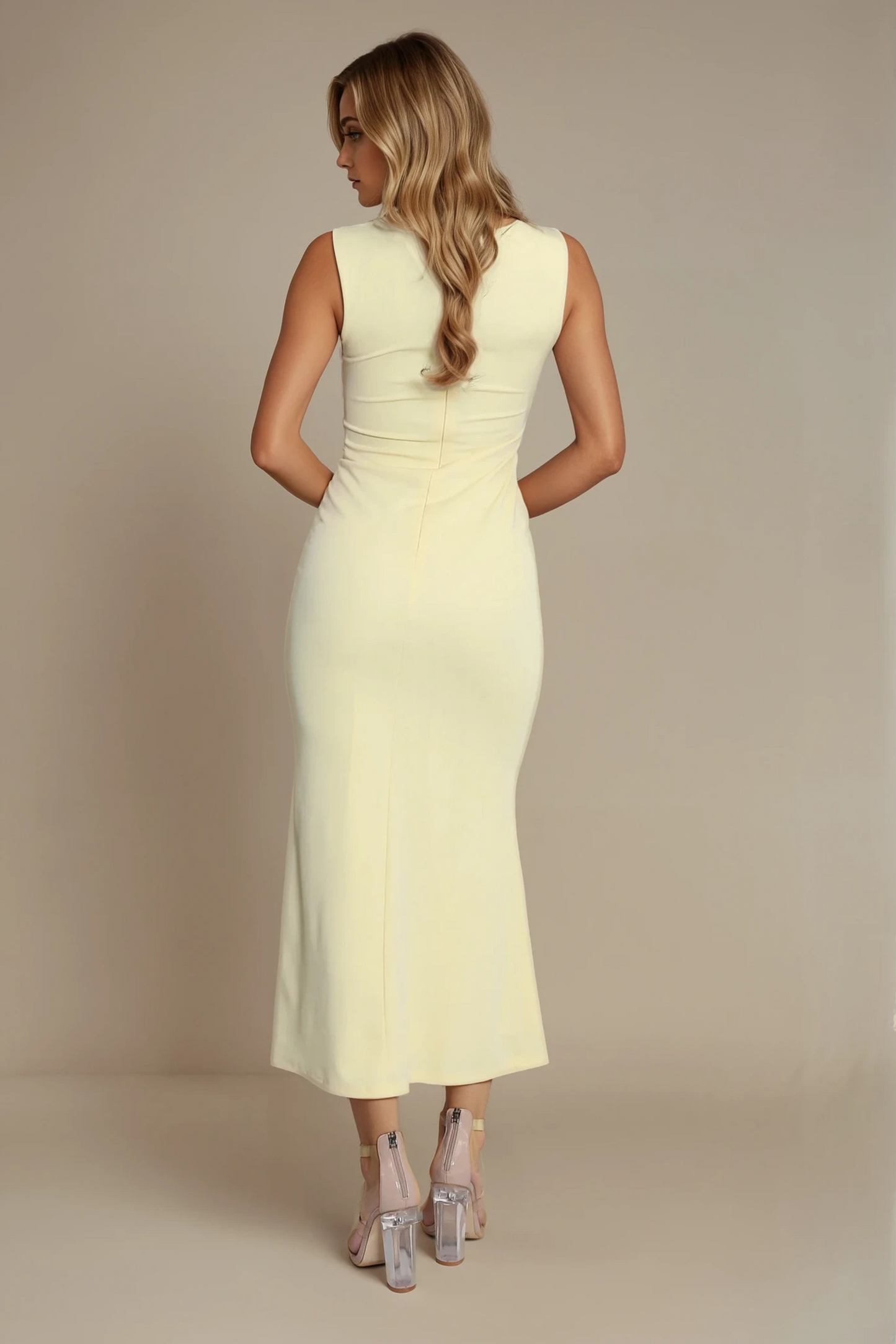 Yellow Square Gathered Neck Midi Dress