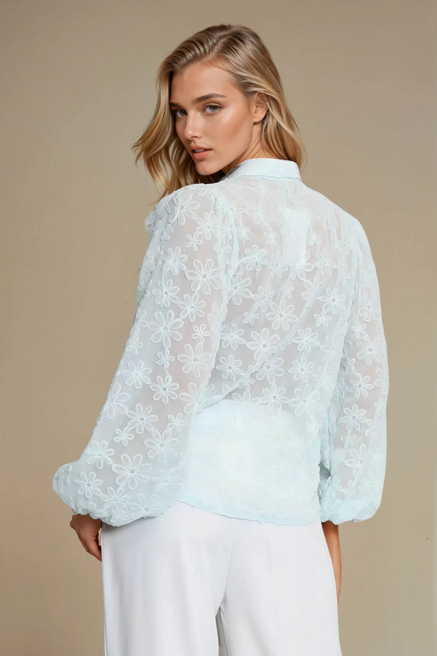 Blue Appliqued Floral Sheer Blouse