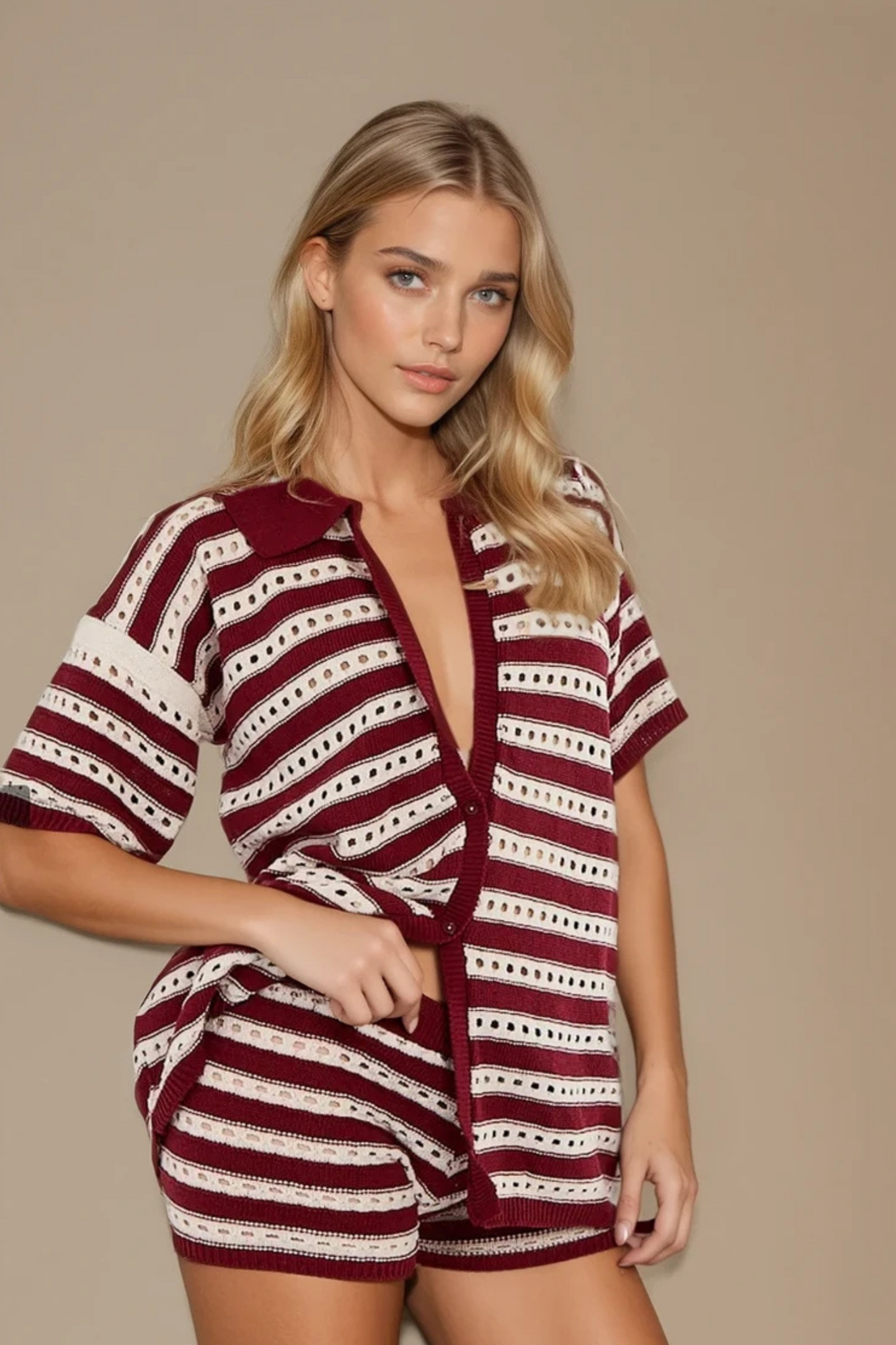 Burgundy Stripe 2-Piece shorts set