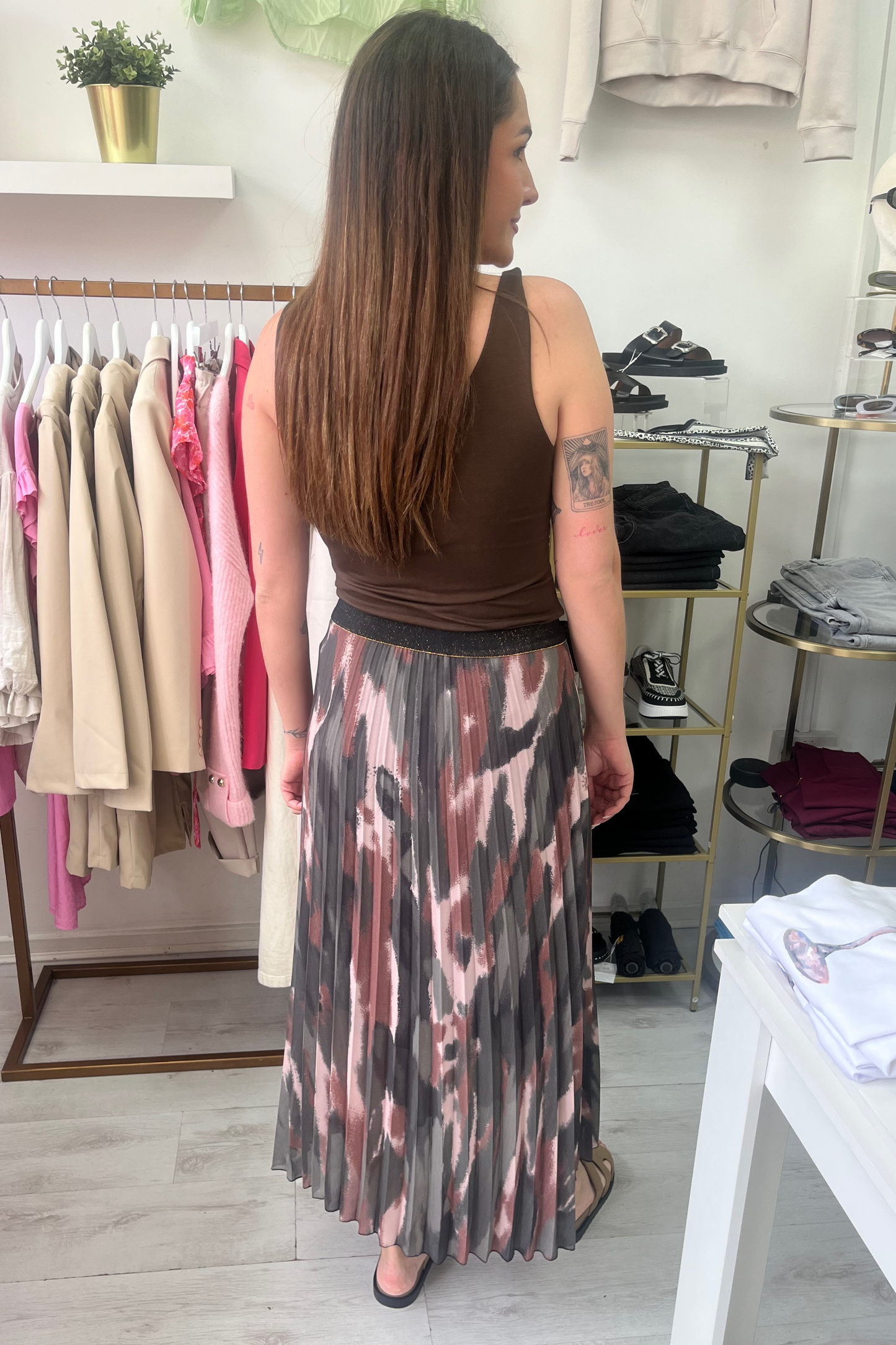 Midi Printed Khaki Pleated Skirt