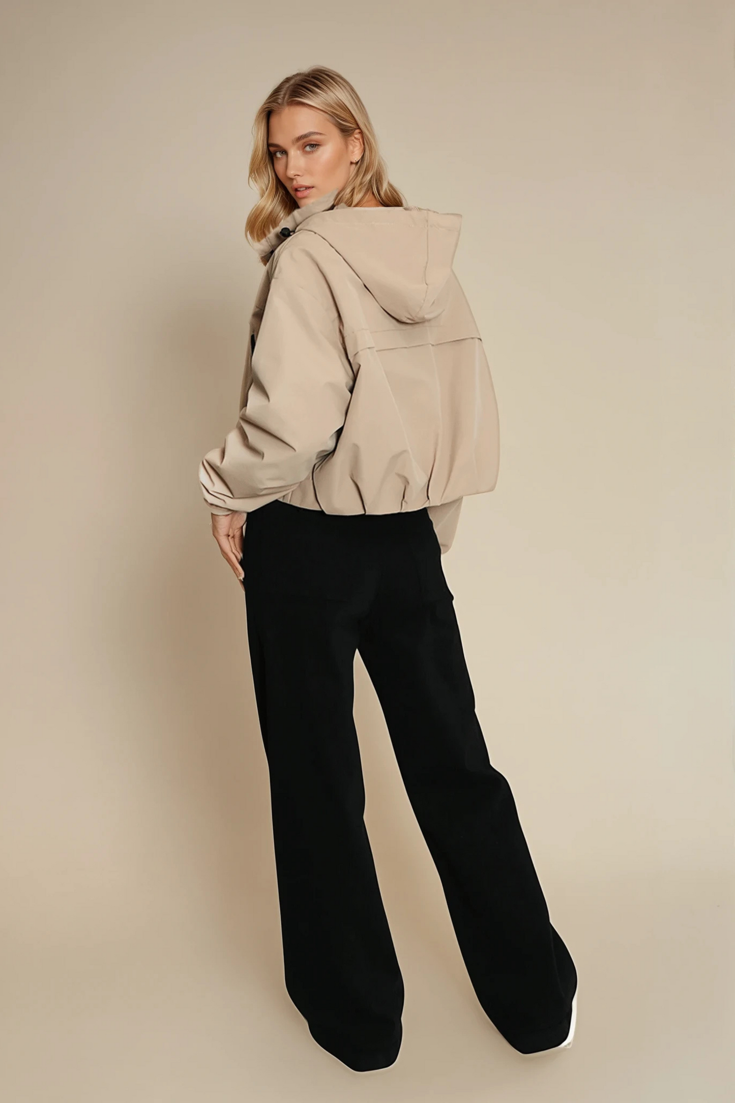 Beige Cropped Beige Hooded Jacket