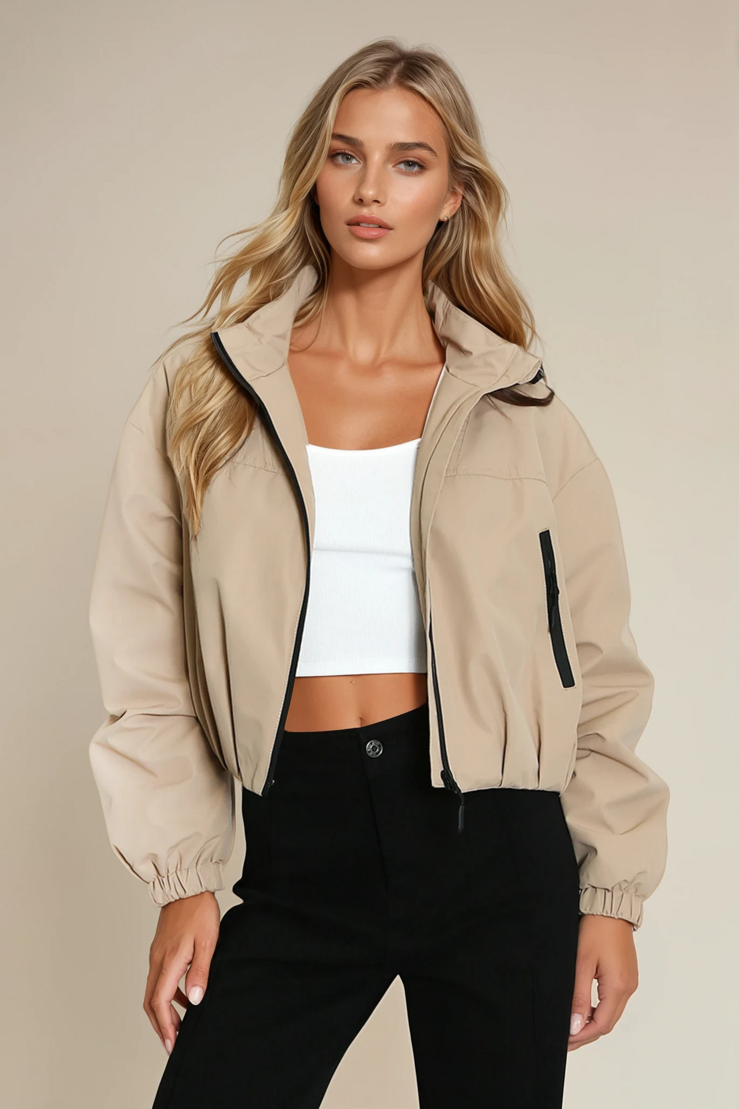 Beige Cropped Beige Hooded Jacket