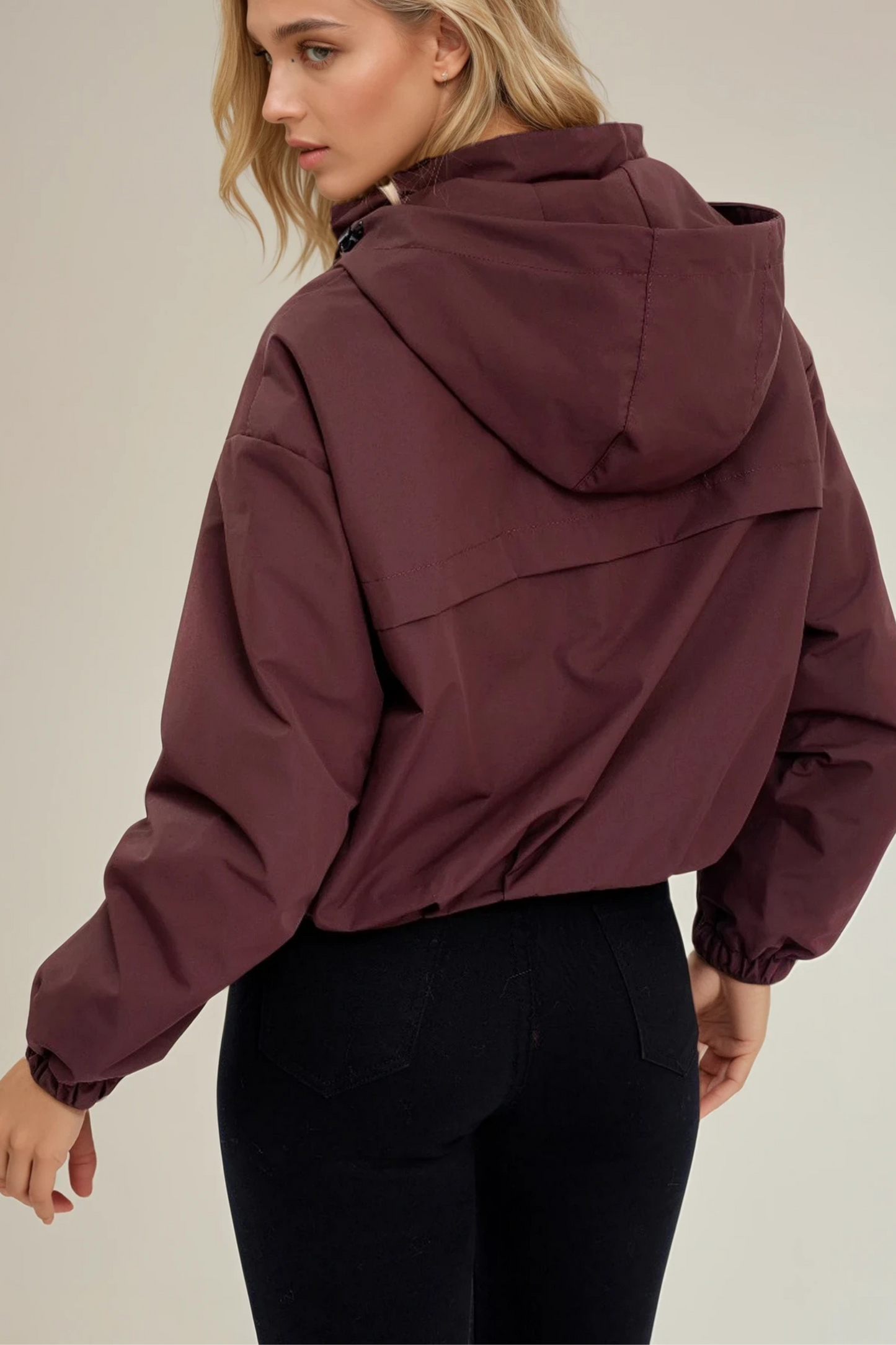 Burgundy Cropped Burgundy Hooded Jacket