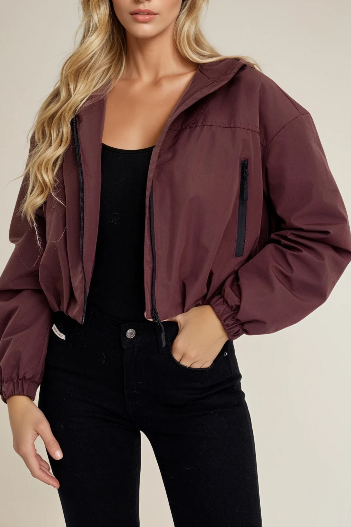 Burgundy Cropped Burgundy Hooded Jacket