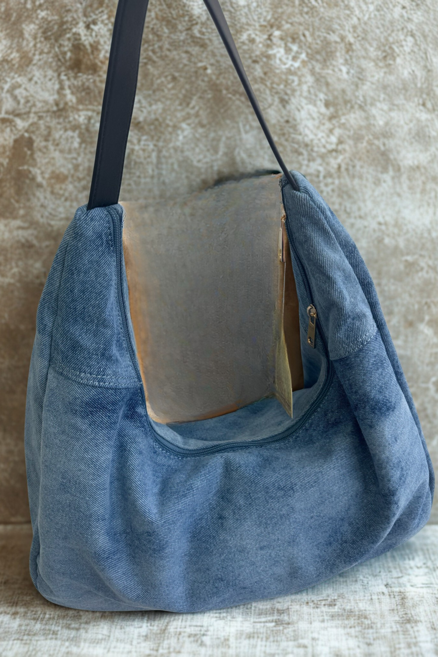 Denim-Look Slouchy Oversized Shoulder Bag