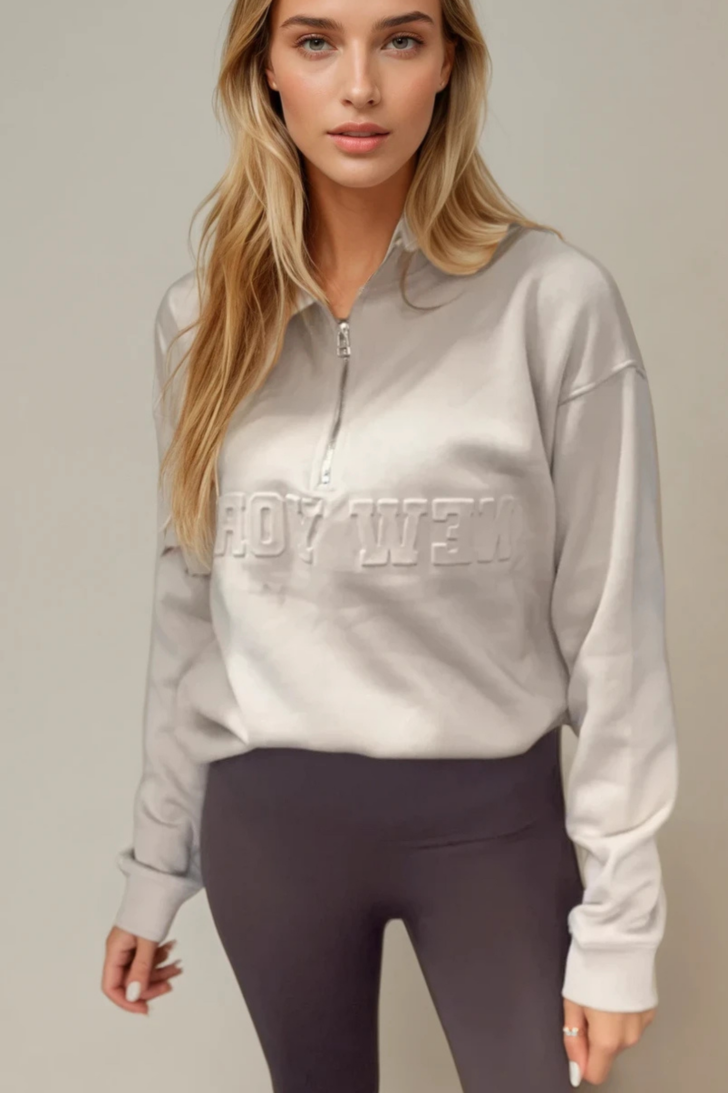 New York Beige Embossed Quarter Zip Sweatshirt