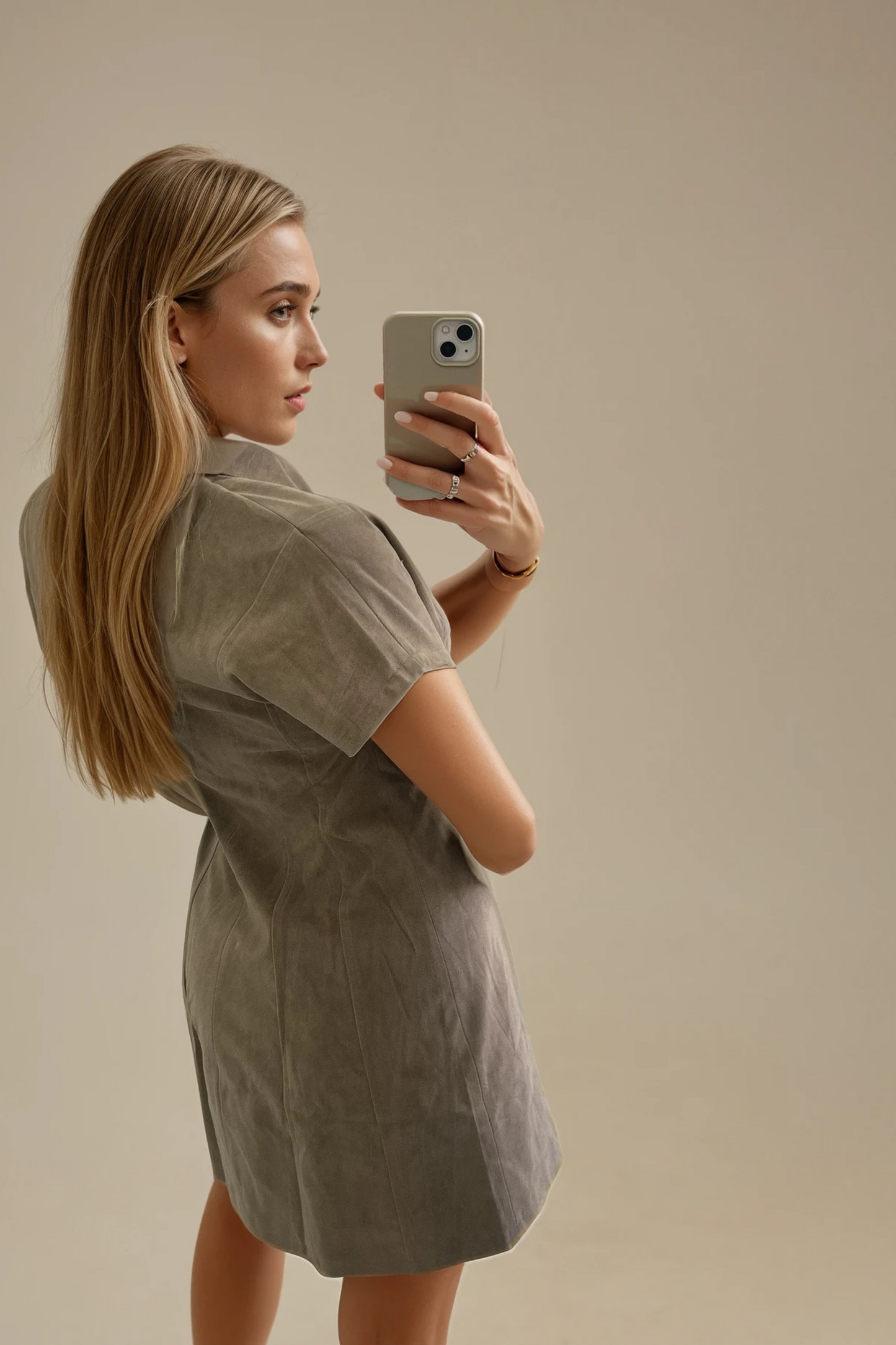 Beige Suede Pleated Shirt Dress