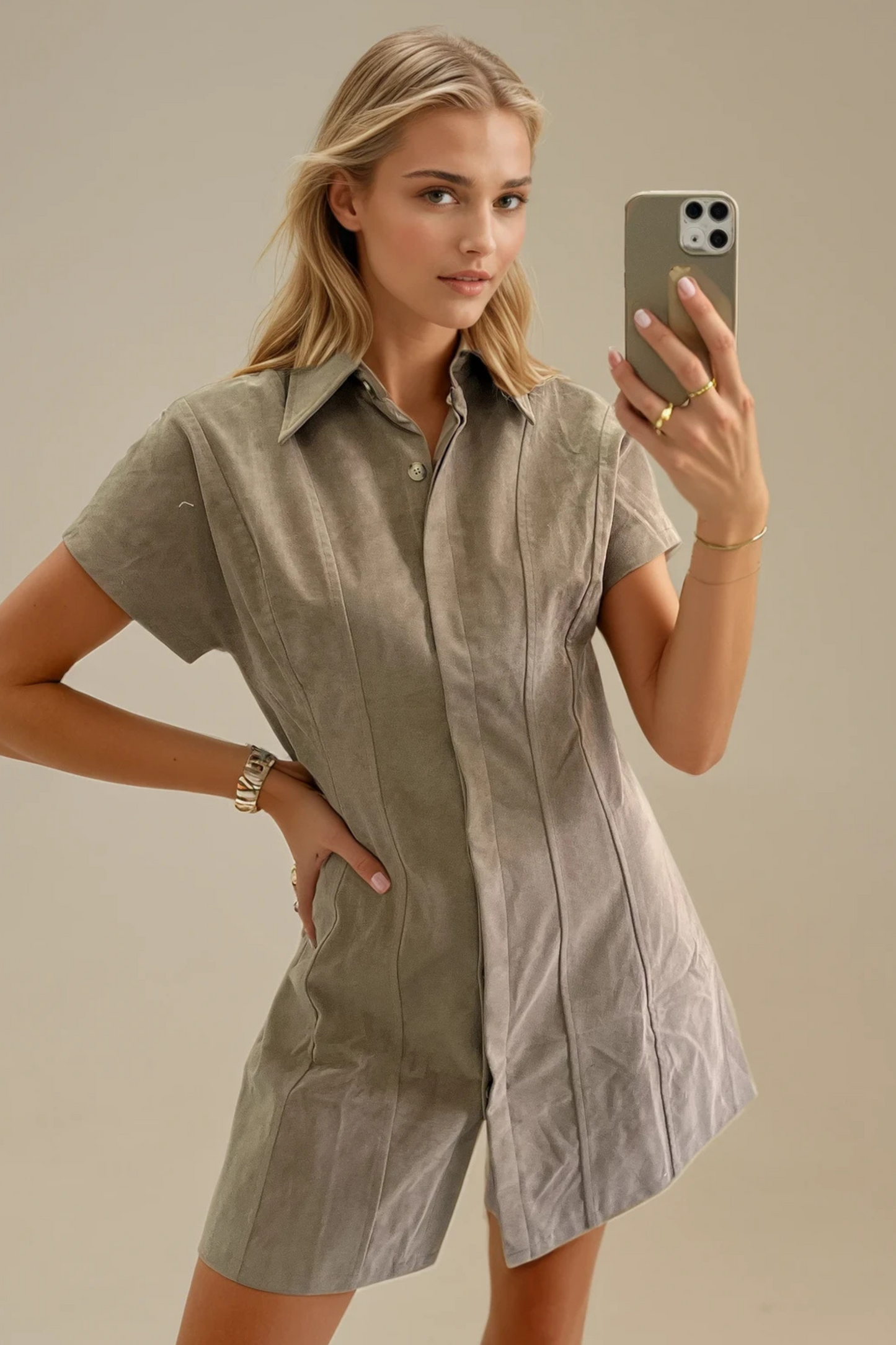 Beige Suede Pleated Shirt Dress