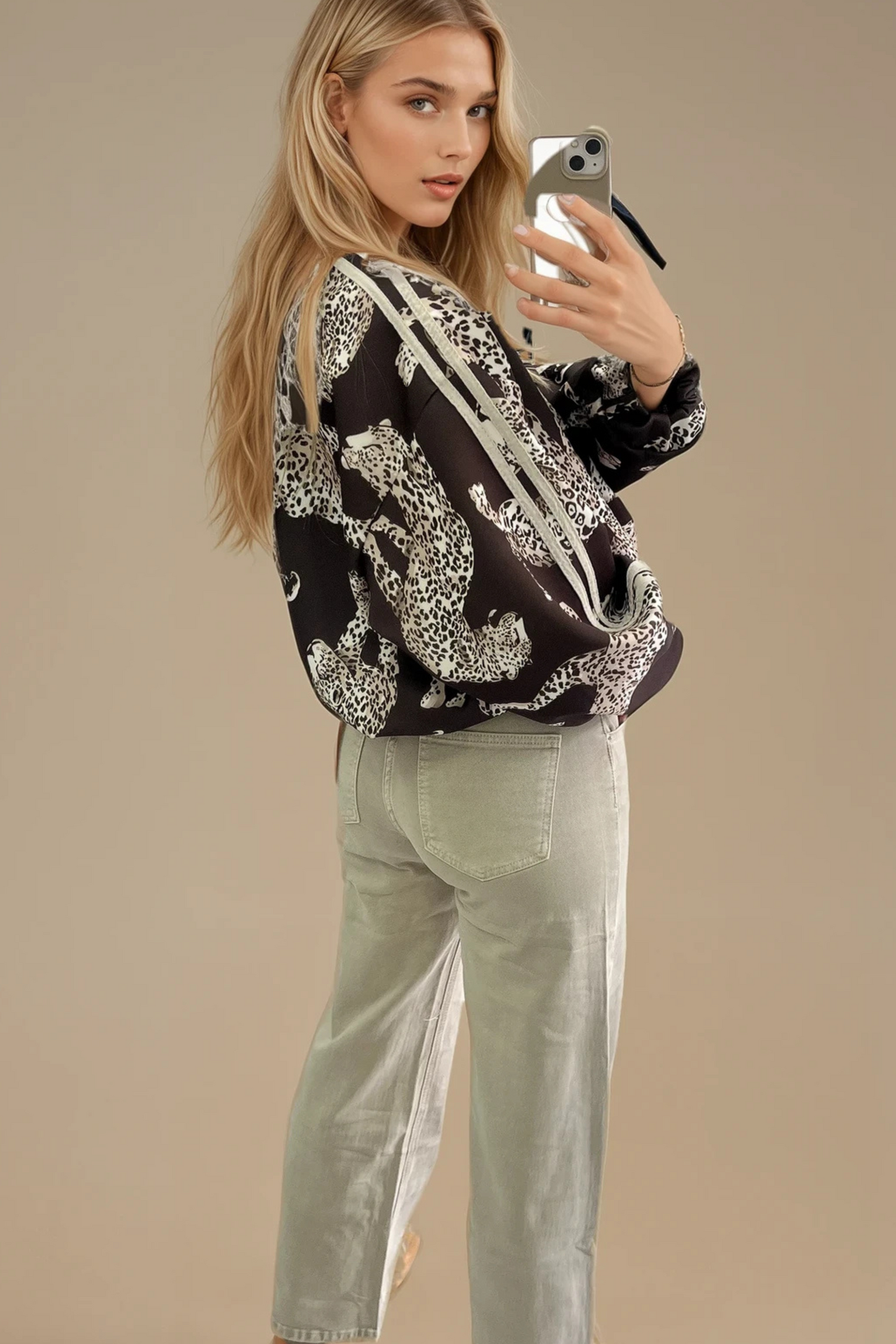 Beige Denim Wide Leg Jeans