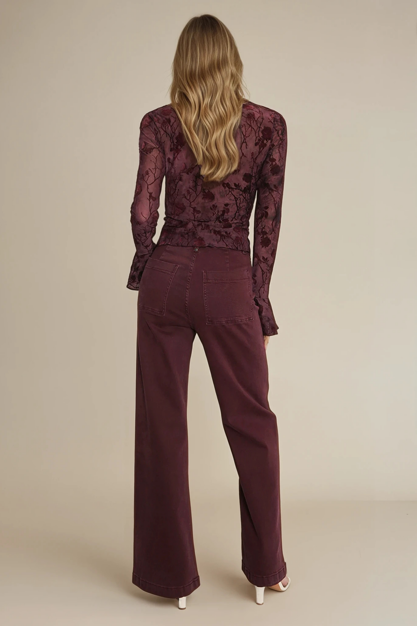 Burgundy Floral Embroidered Sheer Flare Cuff Top