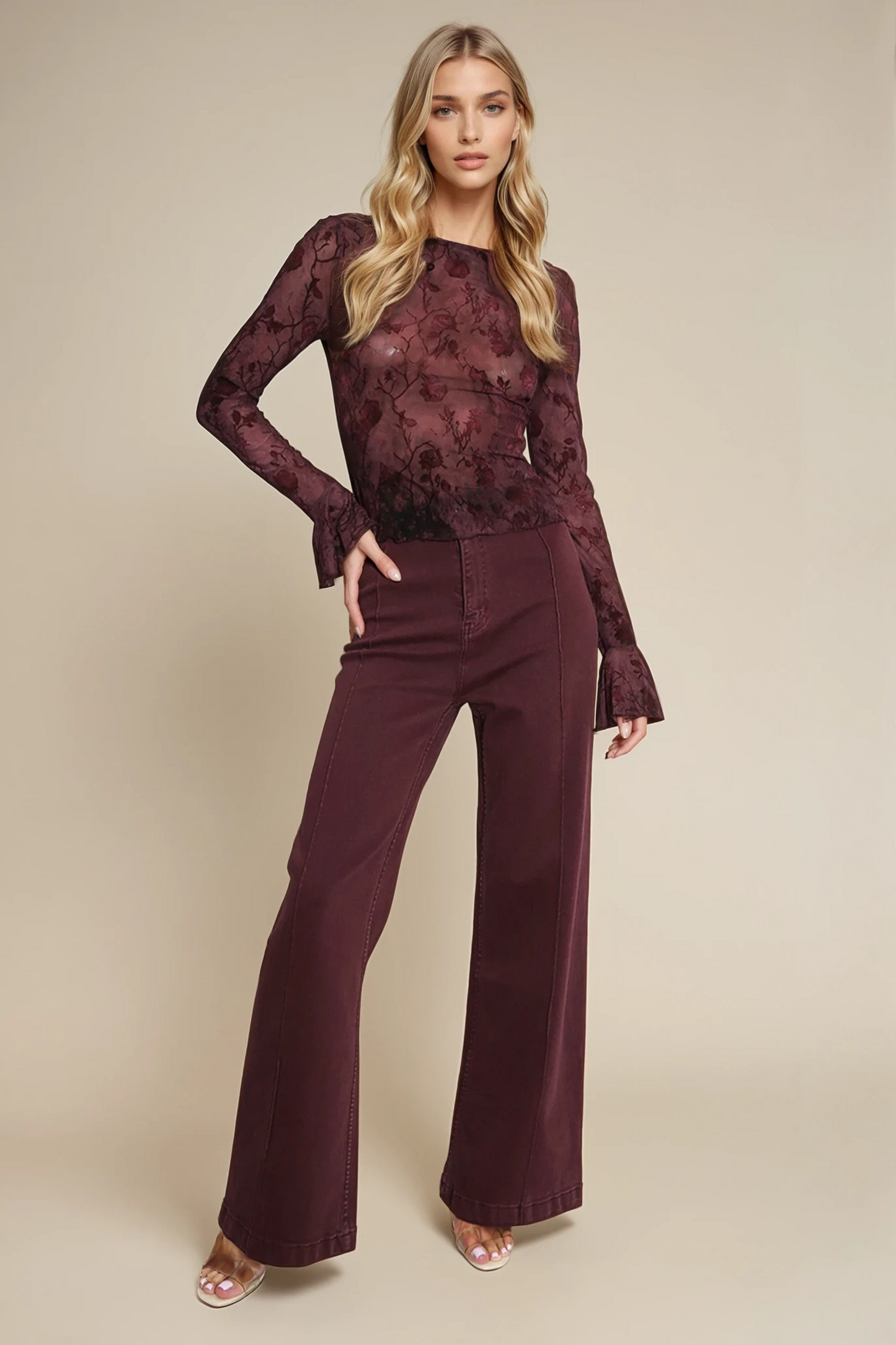 Burgundy Floral Embroidered Sheer Flare Cuff Top