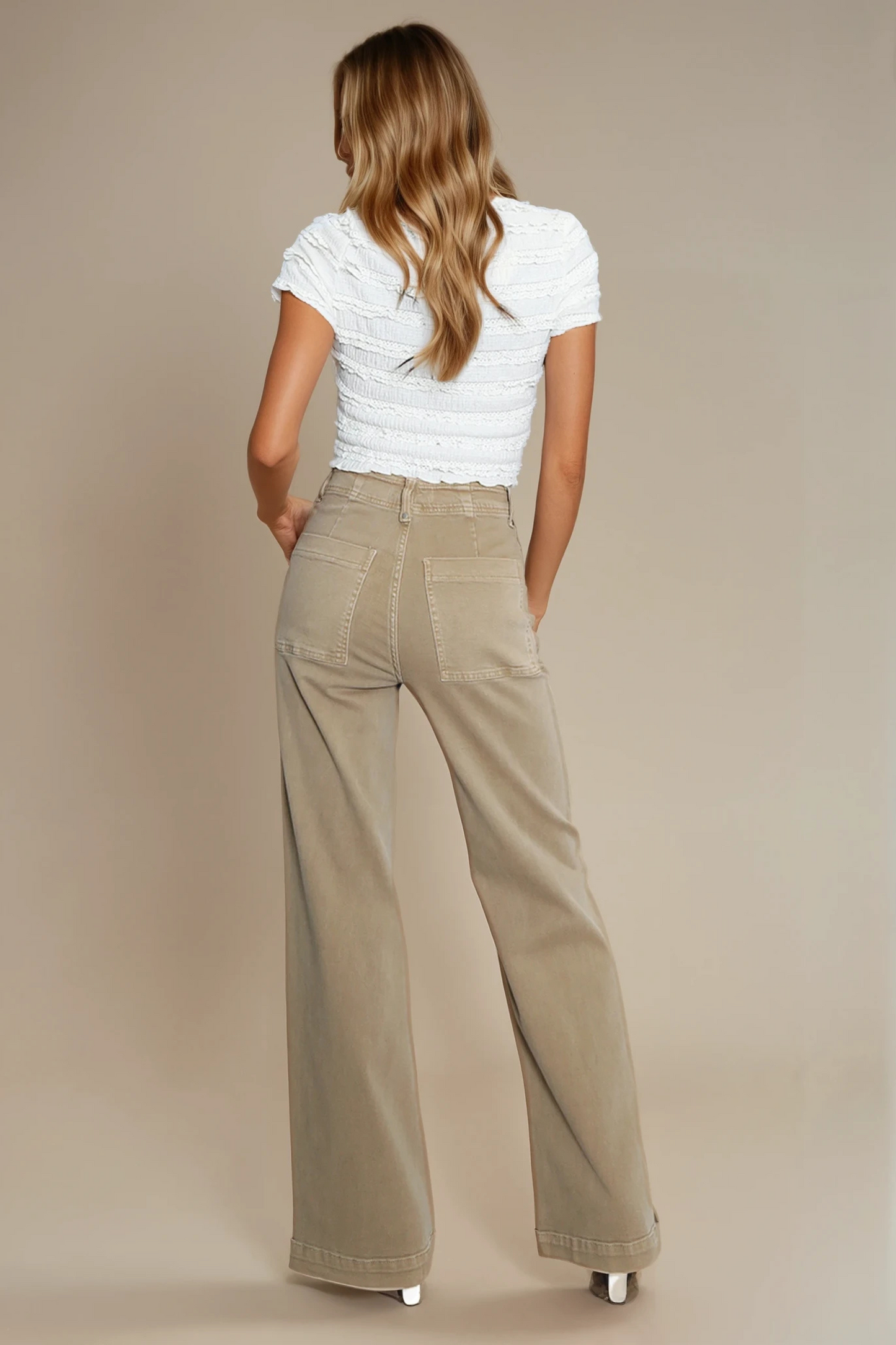Beige Visible Seam Wide Leg Jeans