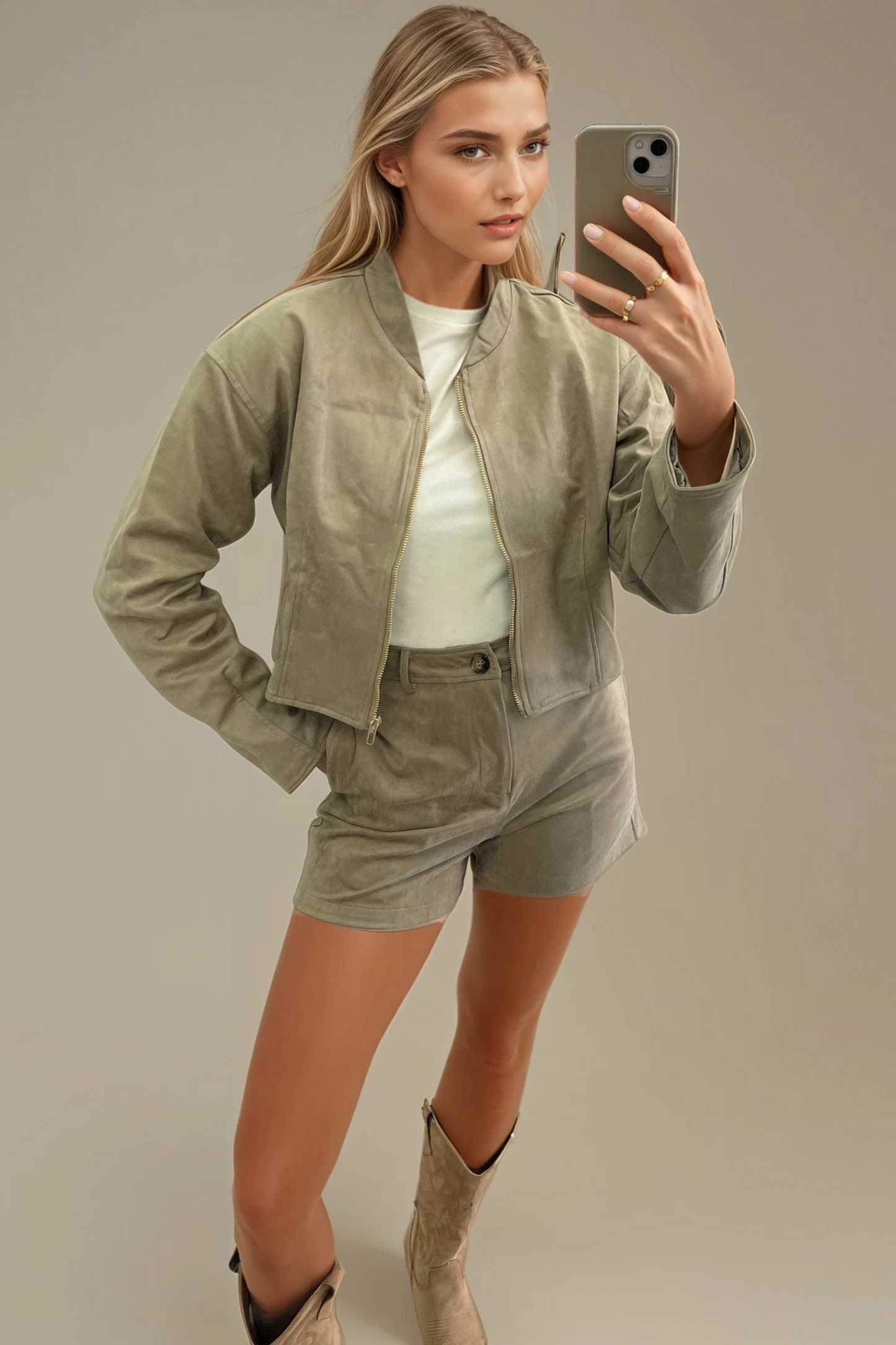 Suede 2-Piece Zip-Up Jacket & Shorts Set