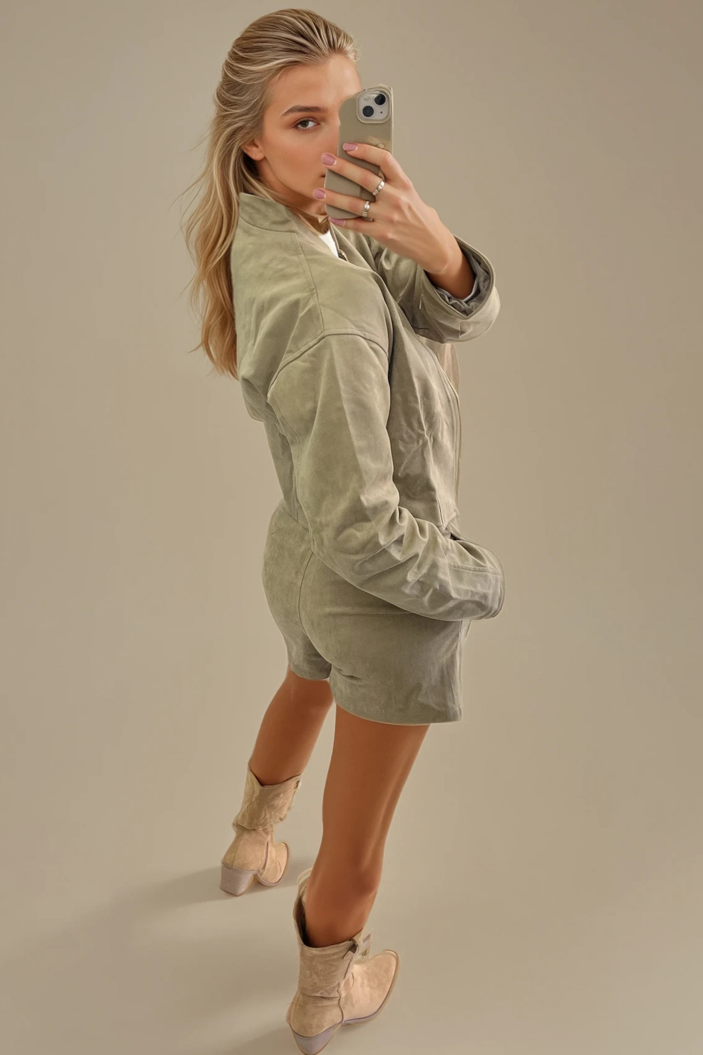 Suede 2-Piece Zip-Up Jacket & Shorts Set