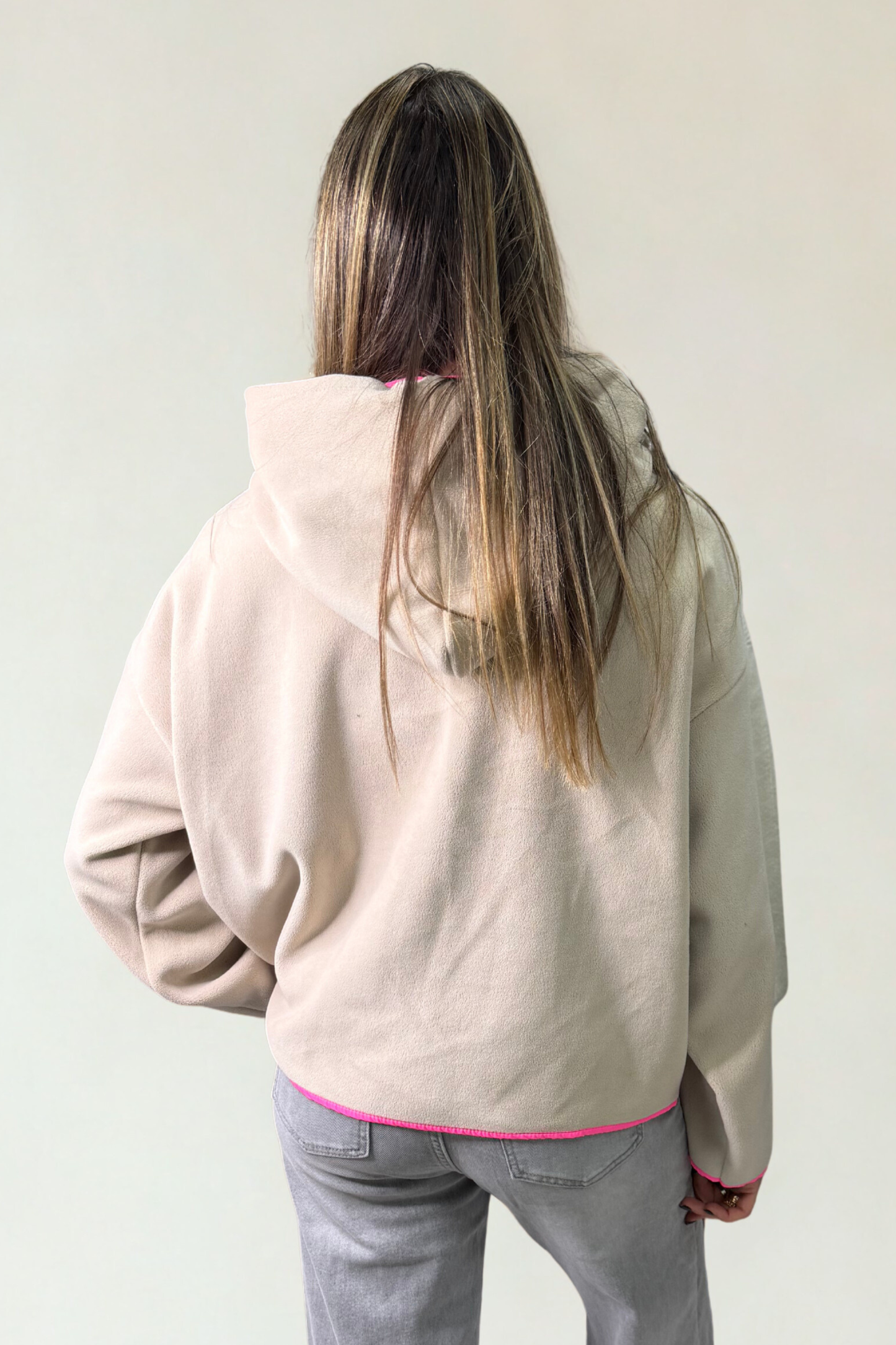 Cream Textured Hoodie with Neon Pink Trims & Pink Hood Lining