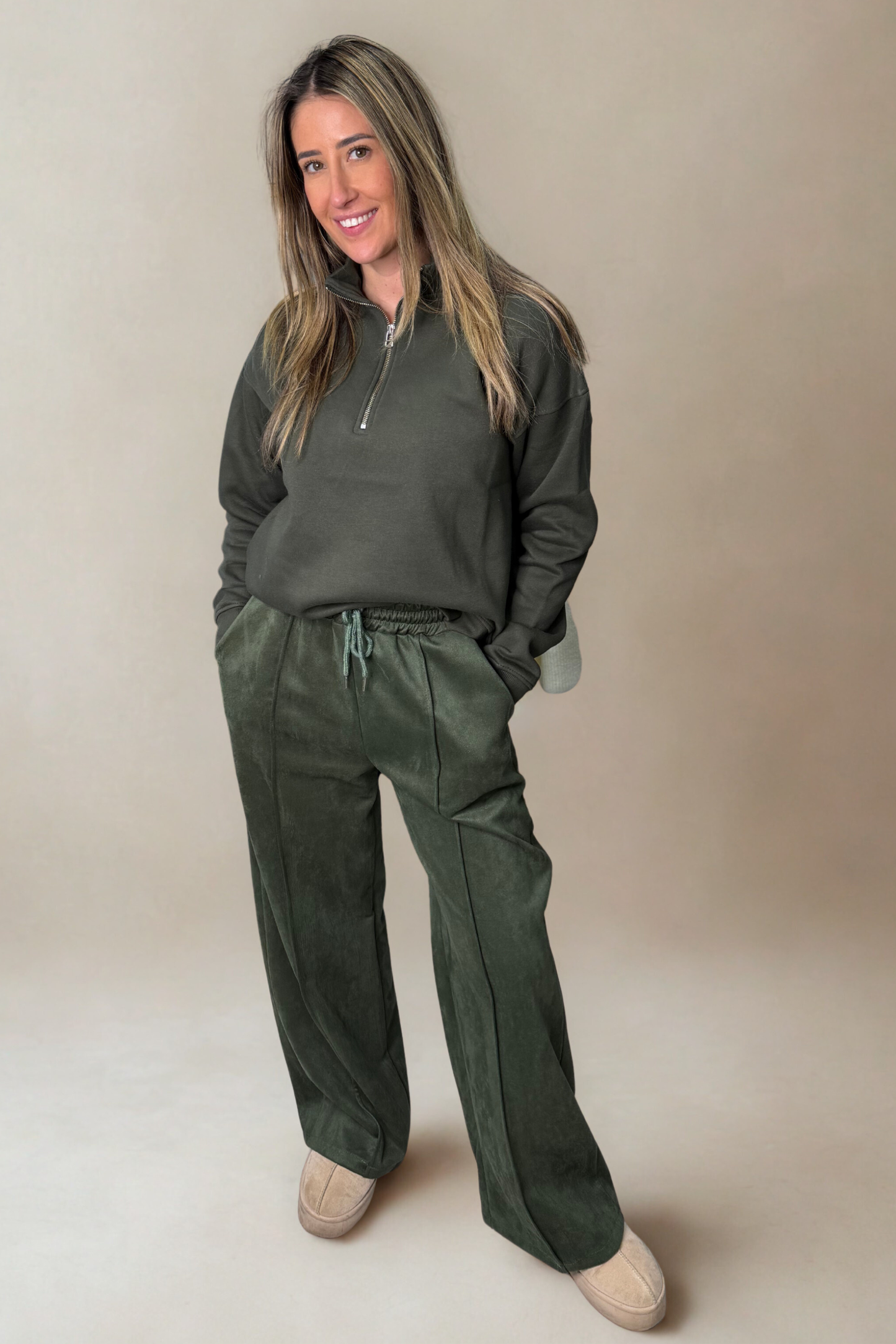 Khaki Faux Suede Trousers with Drawstring Waist