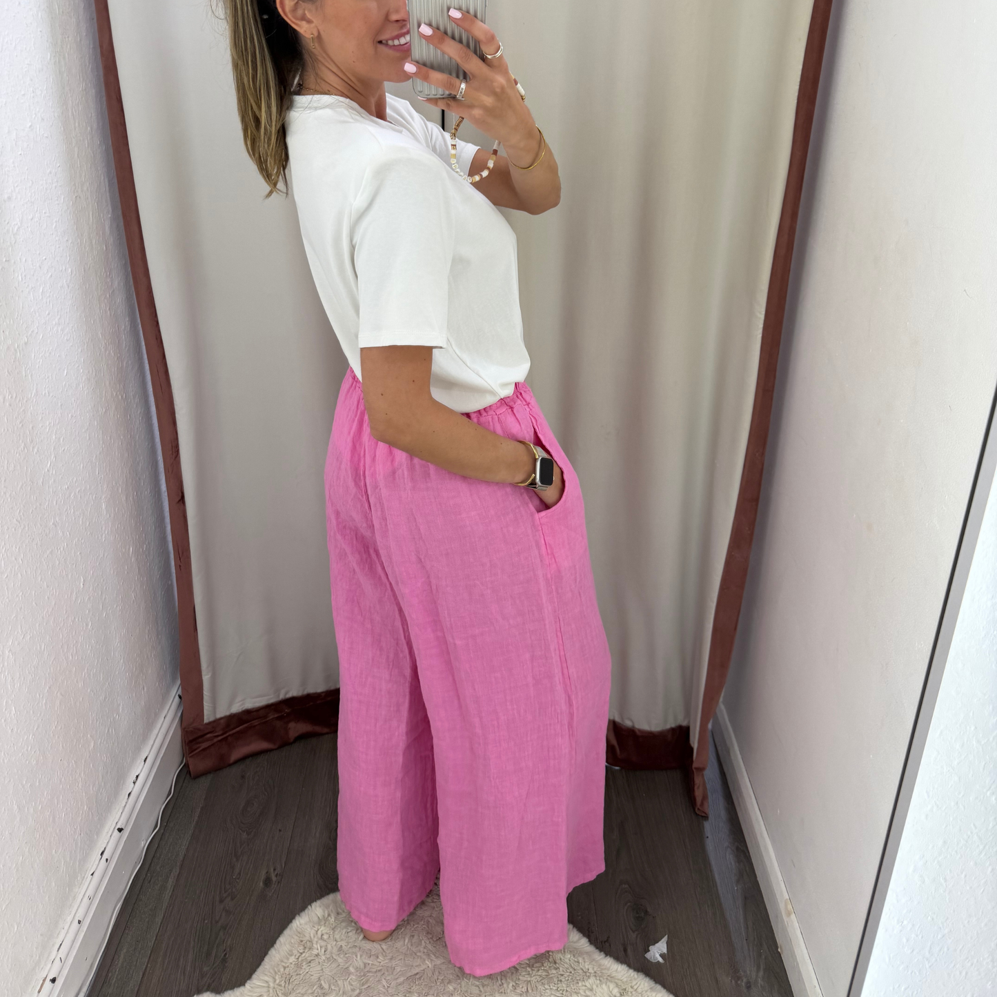 Pink Linen Wide-Leg Trousers