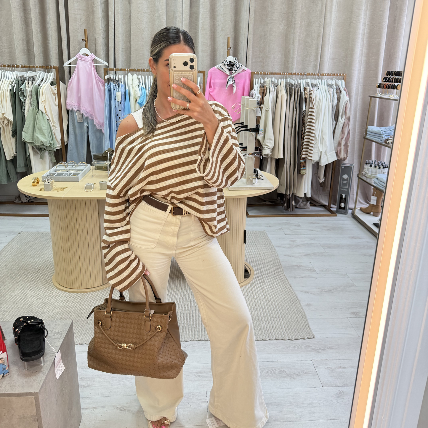 Cream & camel stripe knit top