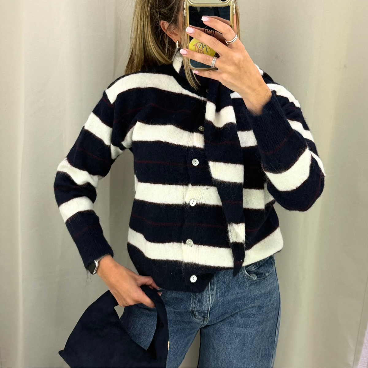 Navy & Cream Striped Tie-Neck Cardigan