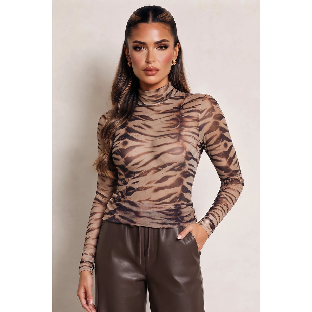 Brown animal print long sleeve sheer mesh top
