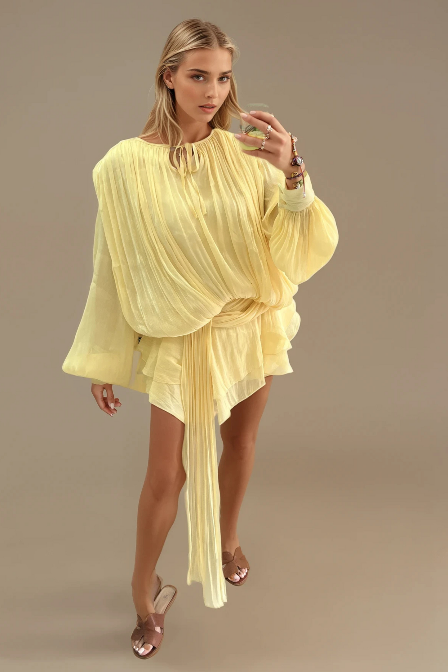 Yellow Liquid Satin Drape Top & Shorts Set