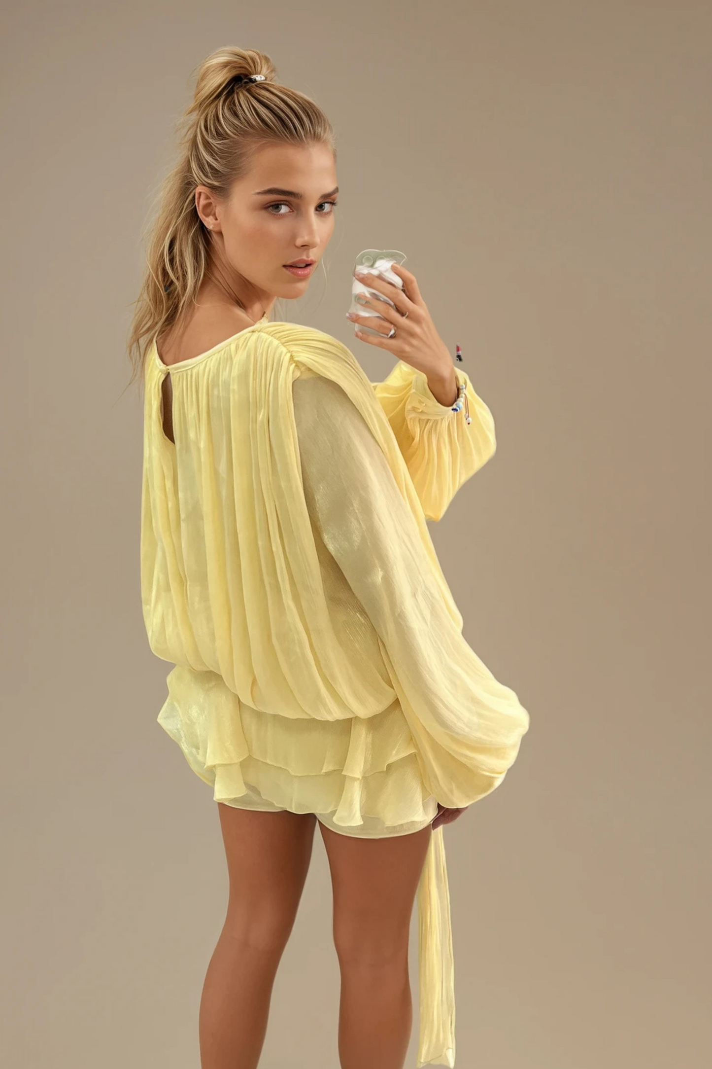 Yellow Liquid Satin Drape Top & Shorts Set