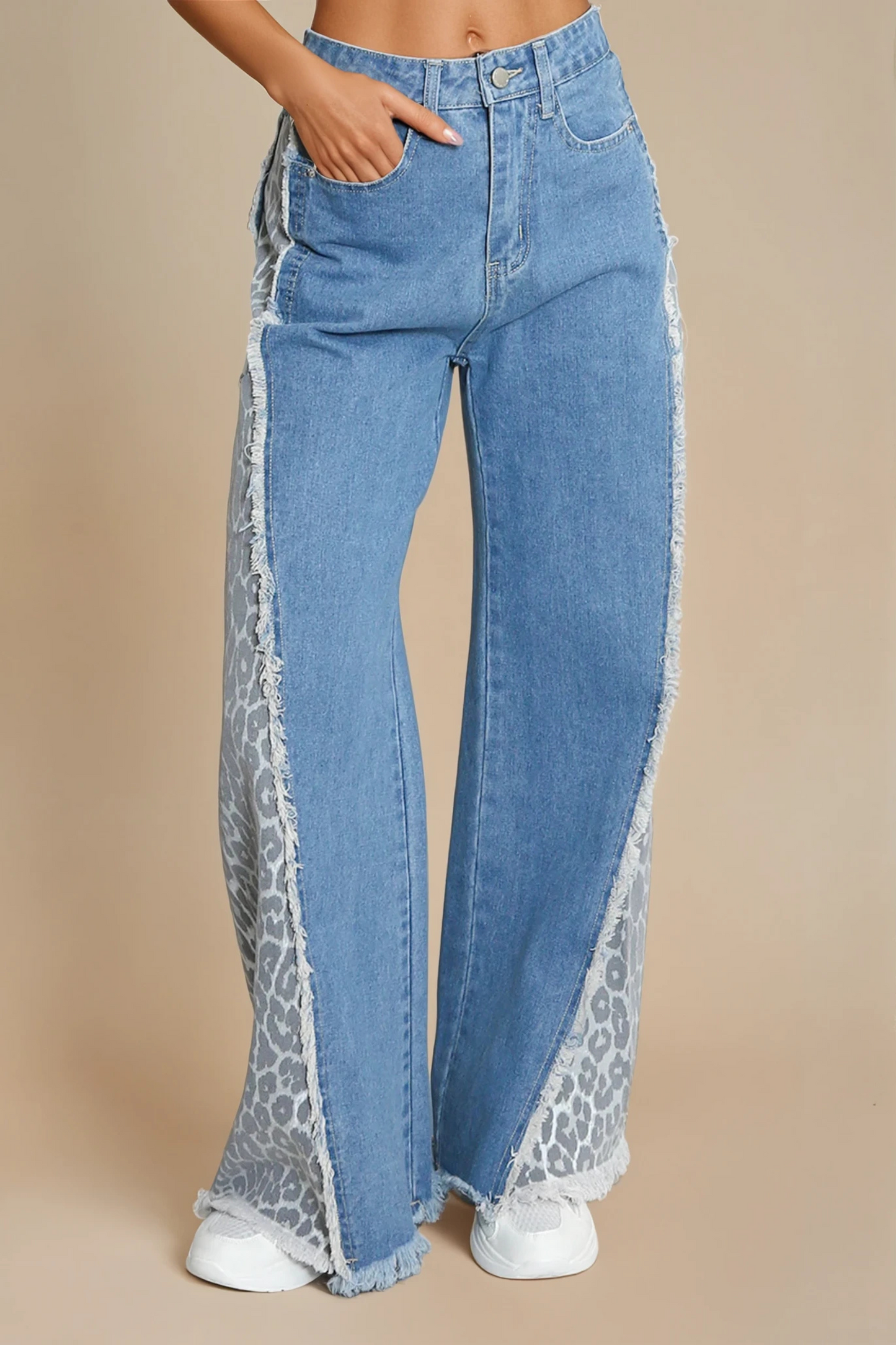Leopard Side Stripe Wide Leg Jeans