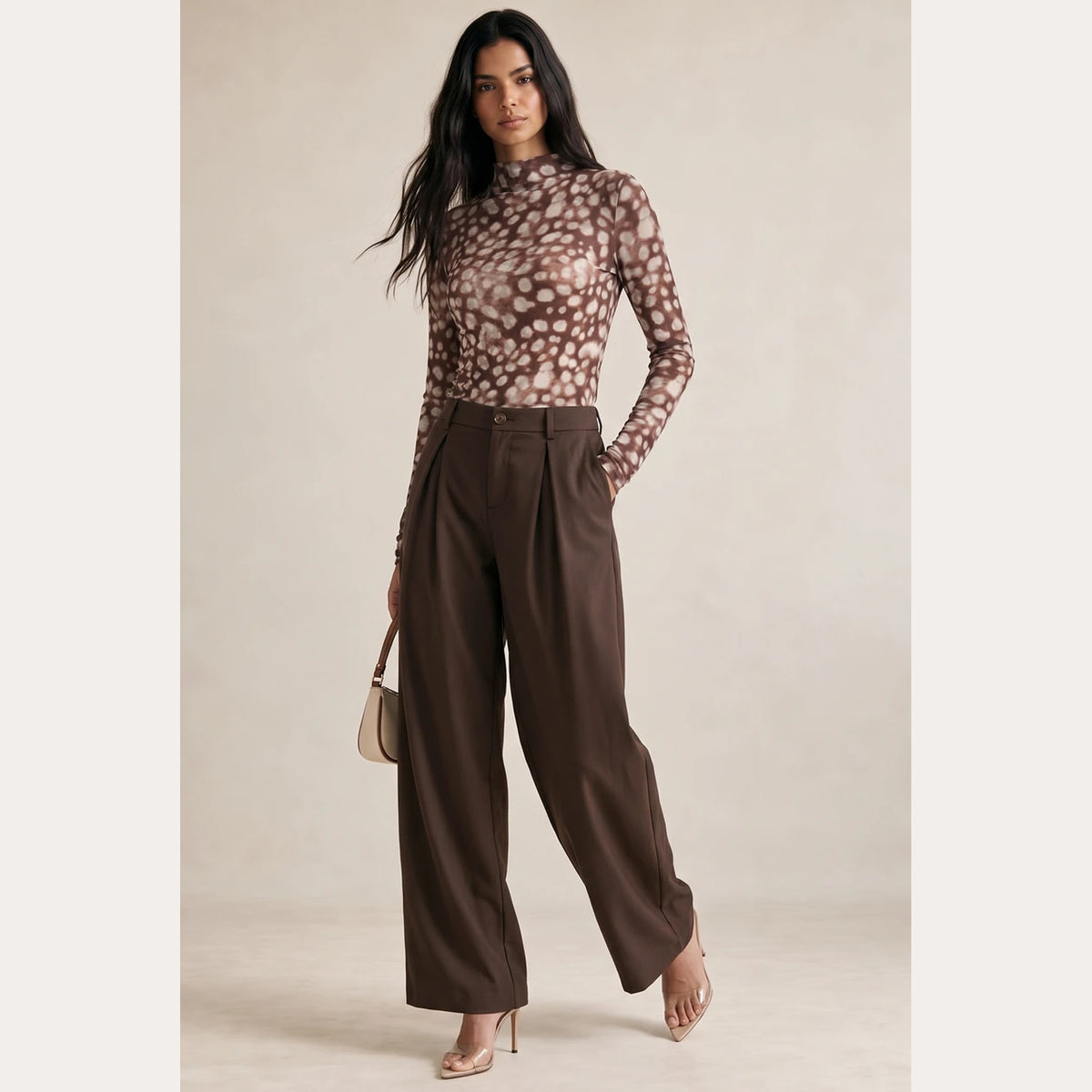 Brown fawn print long sleeve mesh top styled with brown wide leg trousers