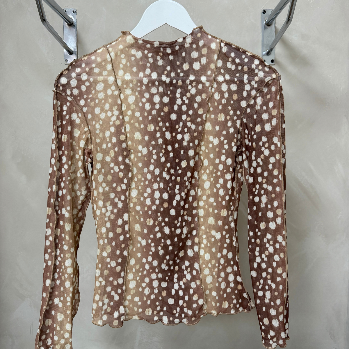 Bambi Brown Abstract Print Sheer Mesh Long Sleeve Top