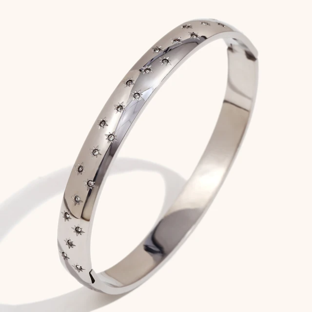 CZ Star Engraved Bracelet Bangle - Gold or Silver
