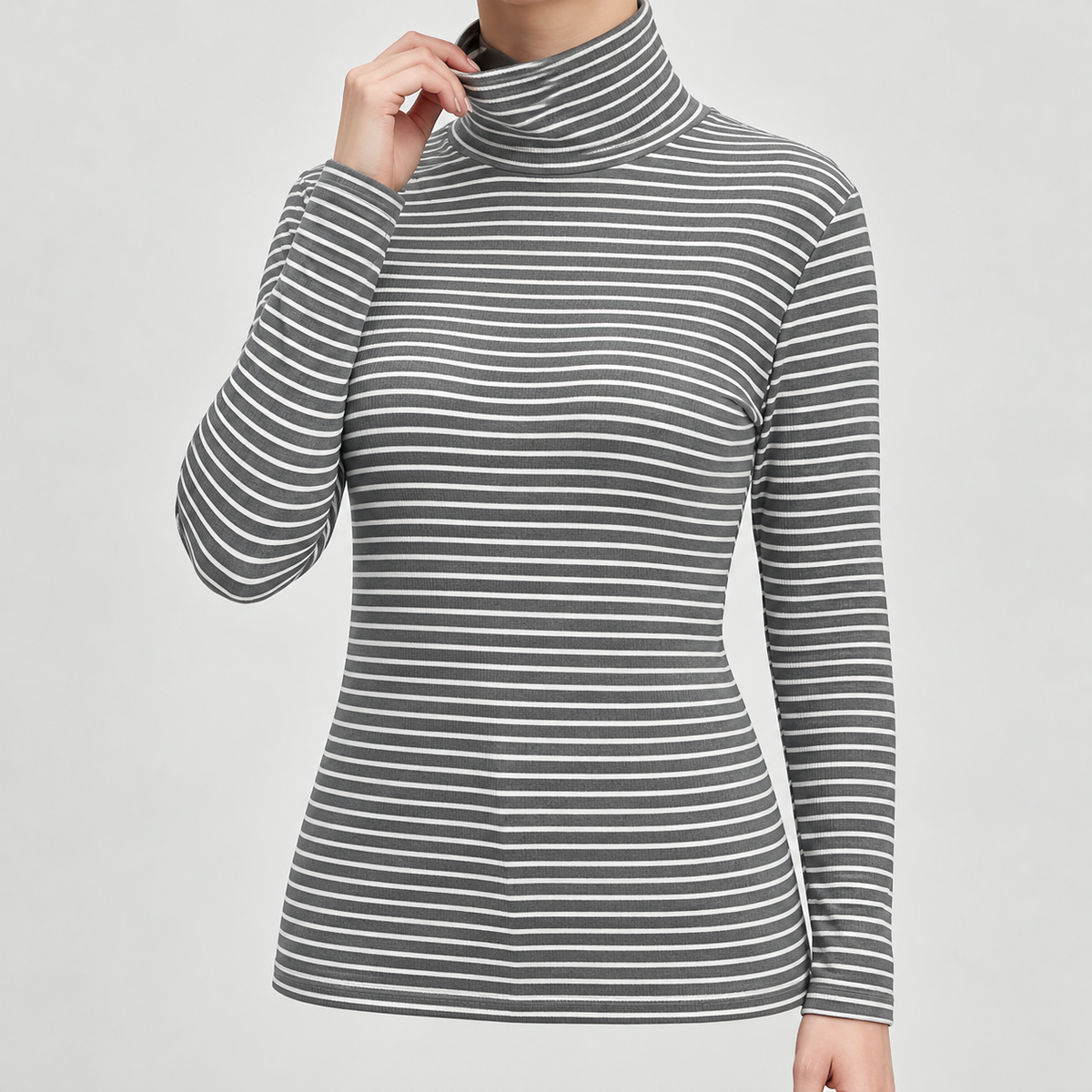 grey striped ribbed roll neck top