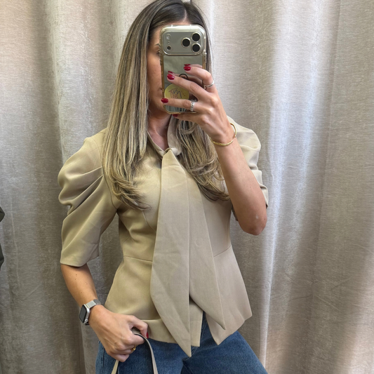 Camel or black tie-neck puff sleeve blazer at Unscripted Fashion
