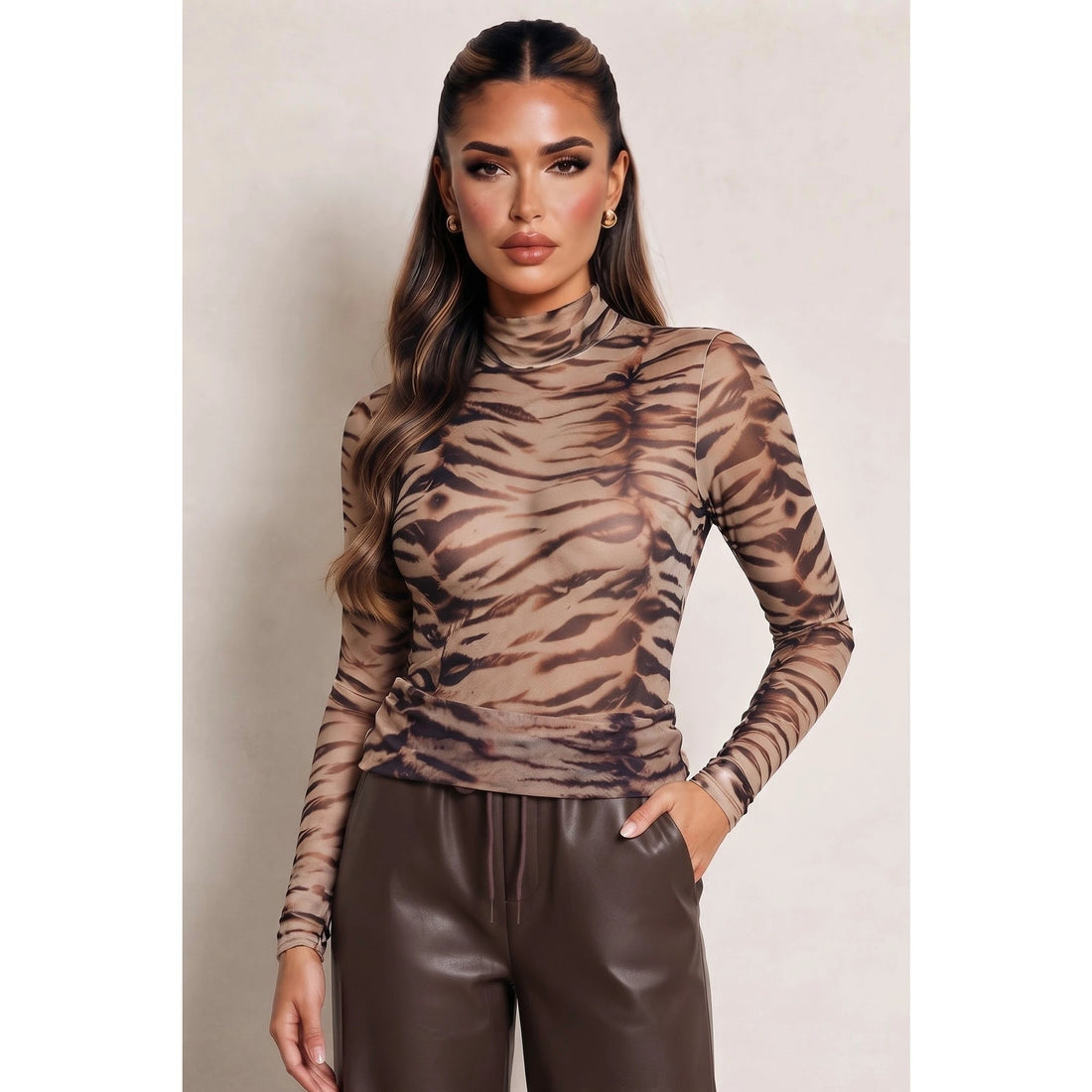 Brown animal print long sleeve mesh top styled for autumn at Unscripted Fashion