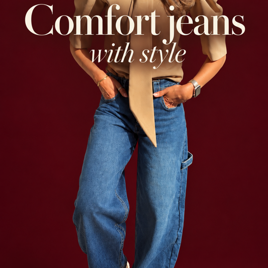 Blue barrel-leg jeans styled at Unscripted Fashion boutique