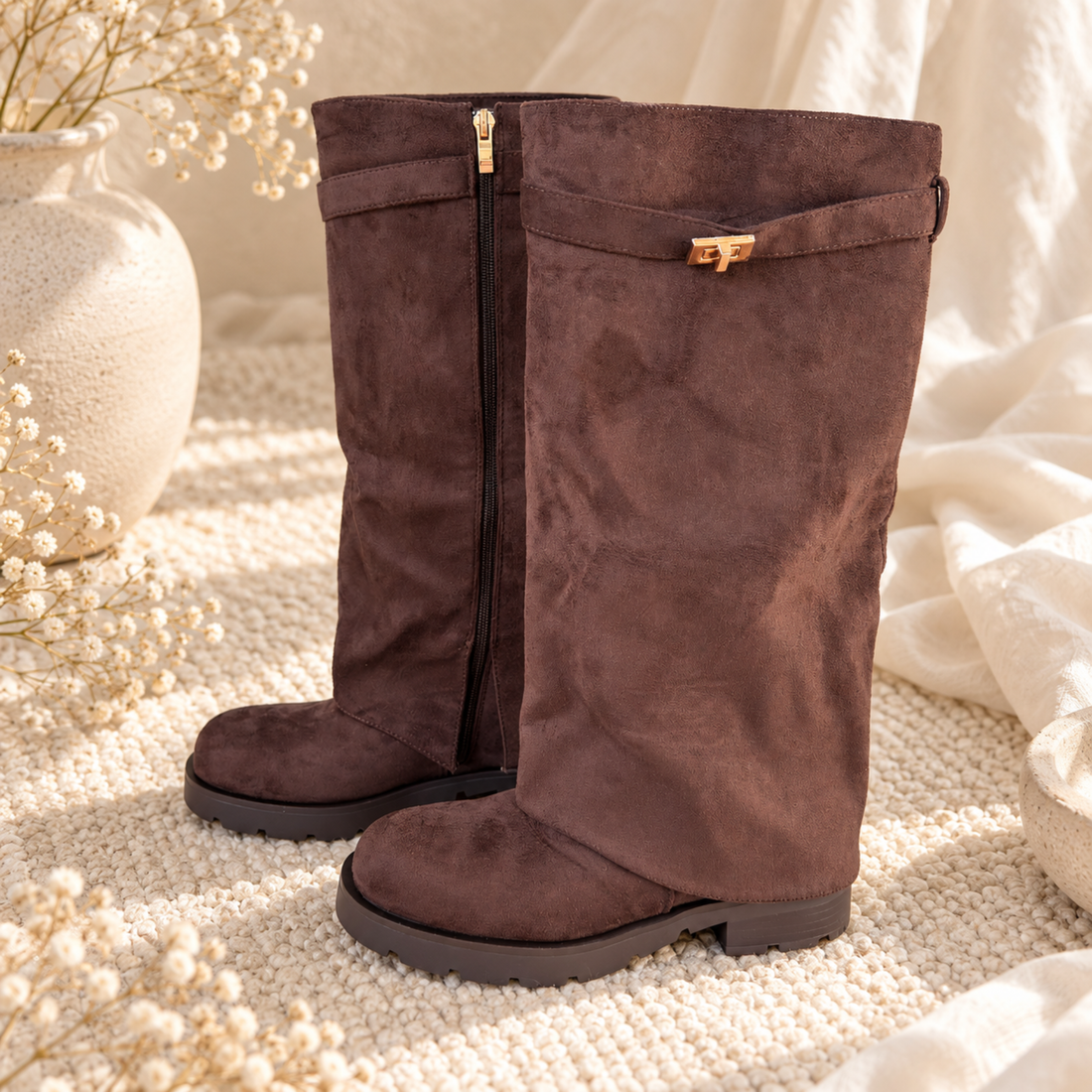 Chocolate brown suede-look knee-high boots with gold buckle detail